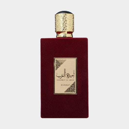 Asdaaf Ameerat Al Arab sample, een luxe parfum in een opvallende rode flacon met gouden details.