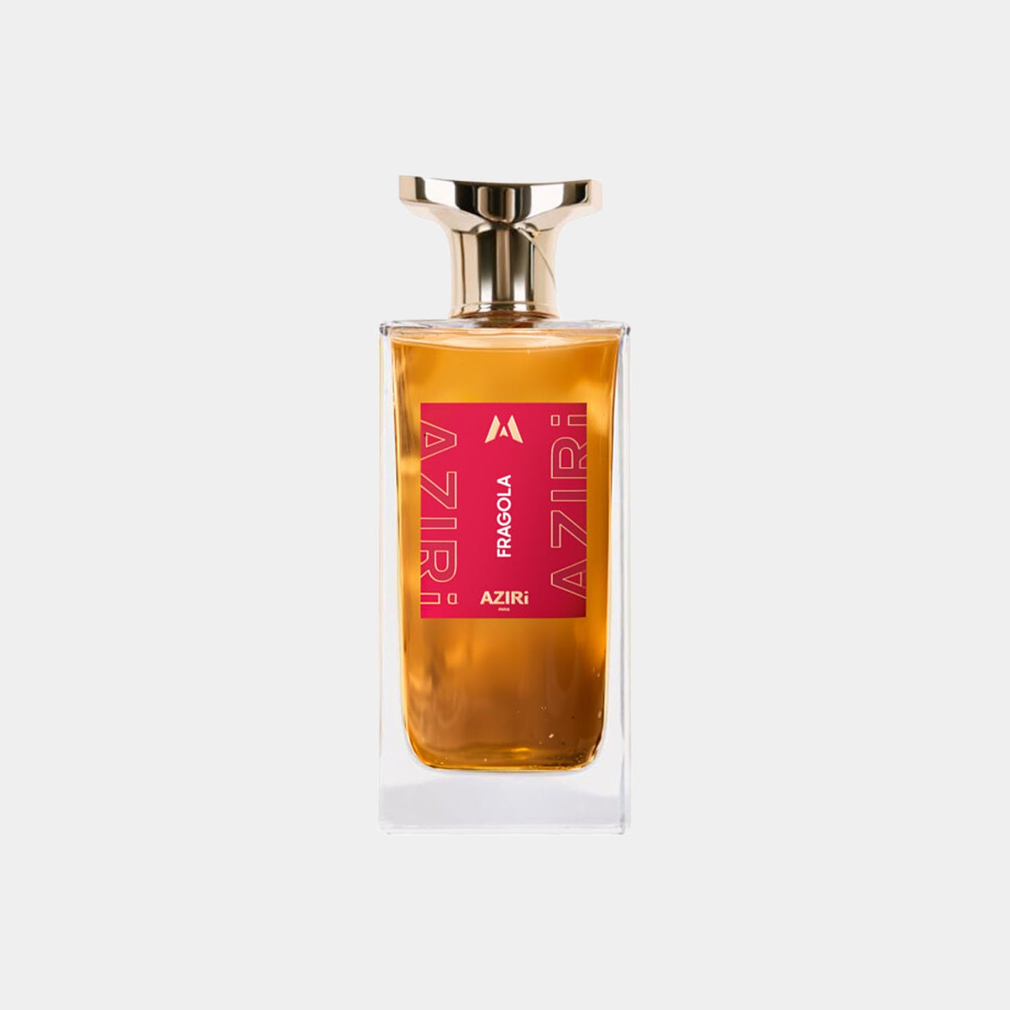 Aziri Paris Fragola Sample, een elegant glazen parfumflesje met een gouden dop en felroze label, bevat een verfijnde geur.