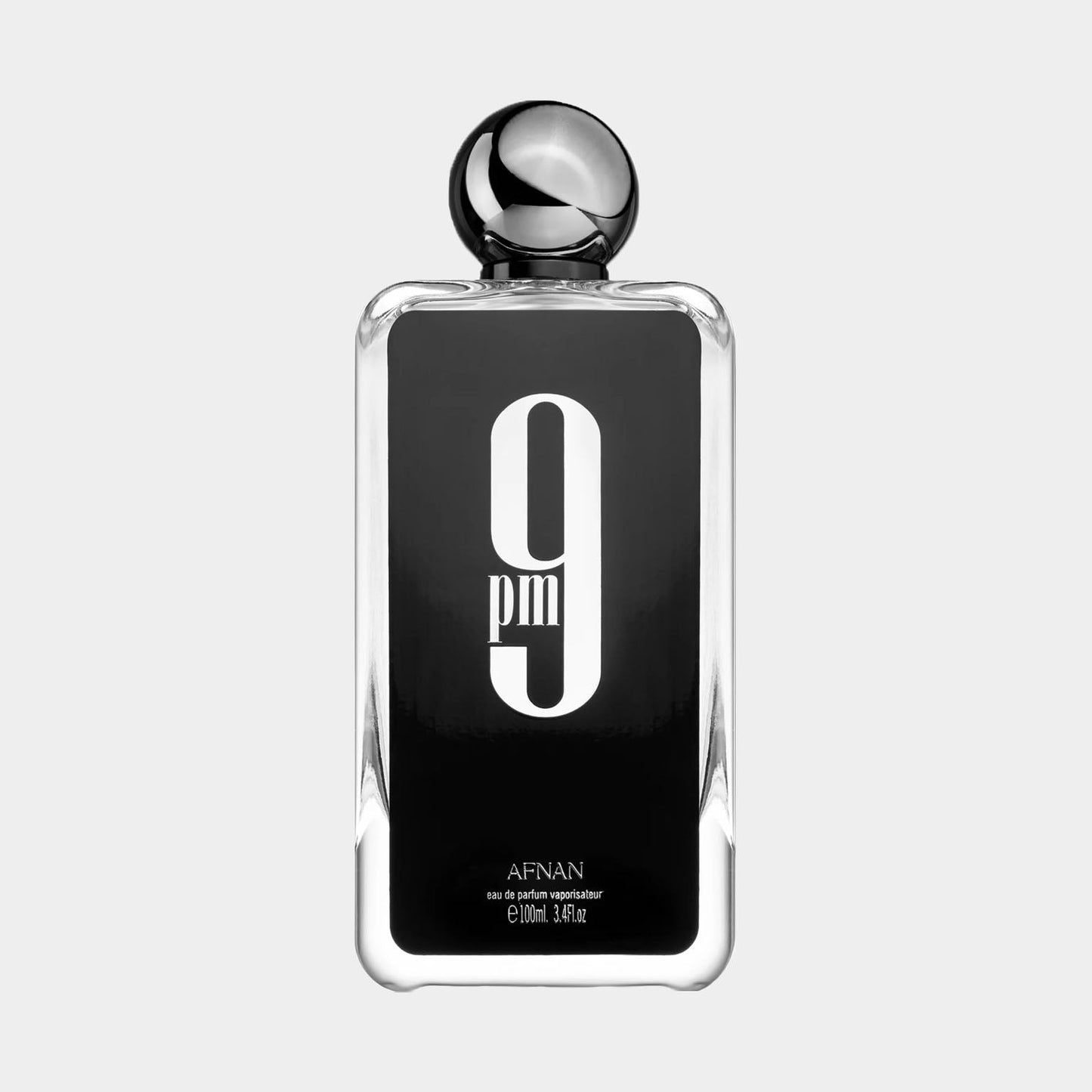 Afnan Perfumes 9PM volle fles, een elegant flacon met een moderne uitstraling en het opvallende cijfer 9 op de voorkant.
