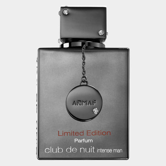 Armaf Club de Nuit Intense Man Limited Edition parfum in a sleek, dark bottle featuring a decorative chain and emblem.