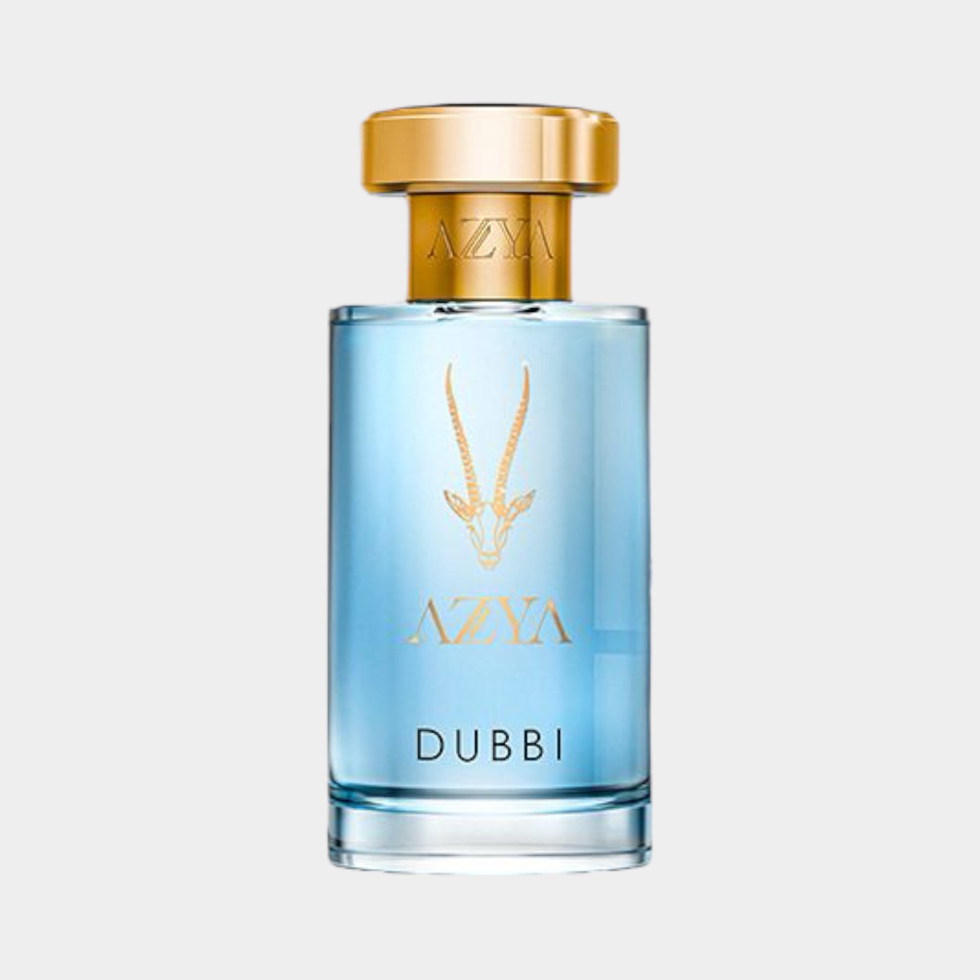 Azya Dubbi volle fles, een elegante parfumfles met een gouden dop en een helderblauwe vloeistof, ideal voor een luxe geurervaring.