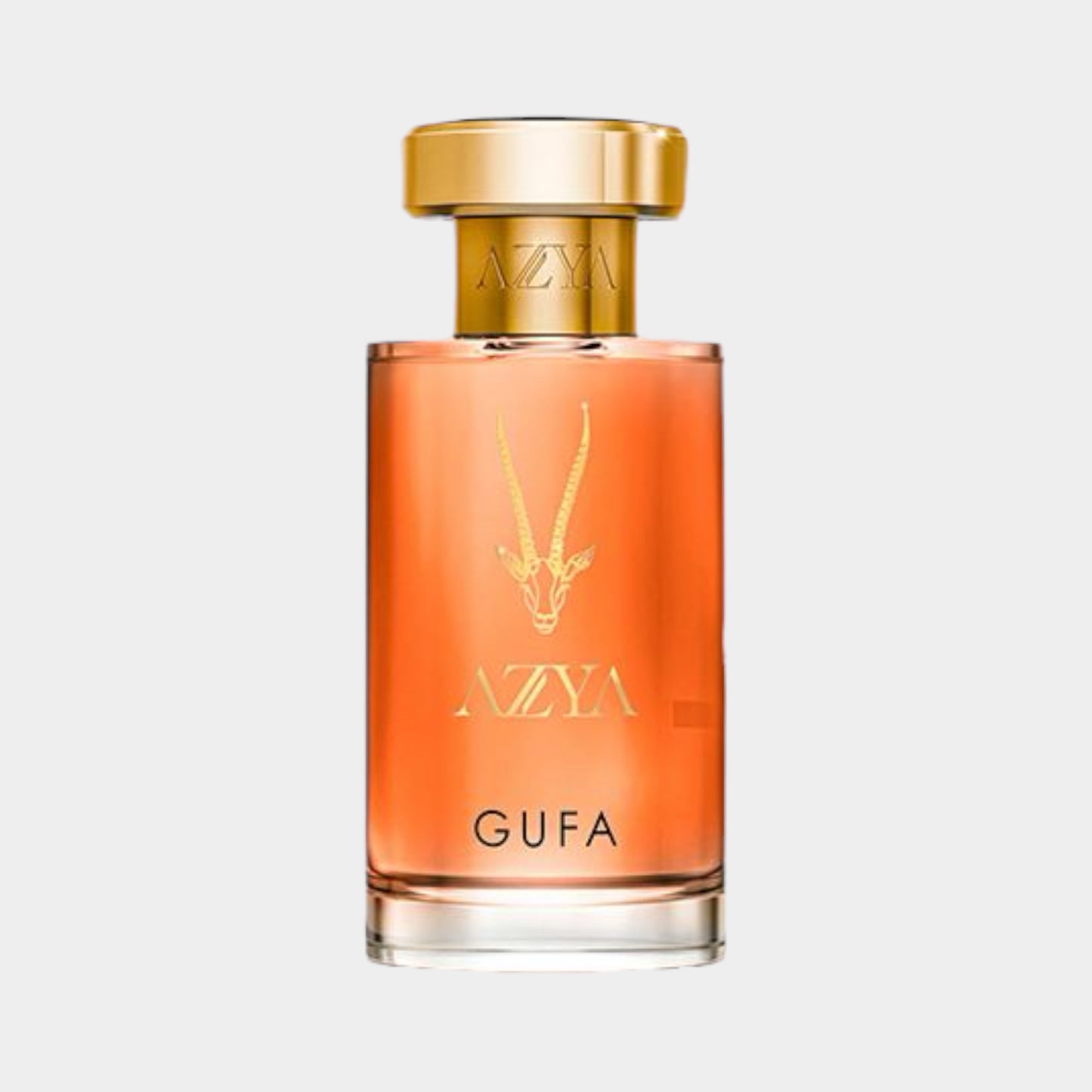 Azya Gufa Sample - een elegant parfum in een glazen fles, gevuld met een warme, amberkleurige vloeistof en voorzien van een gouden dop.