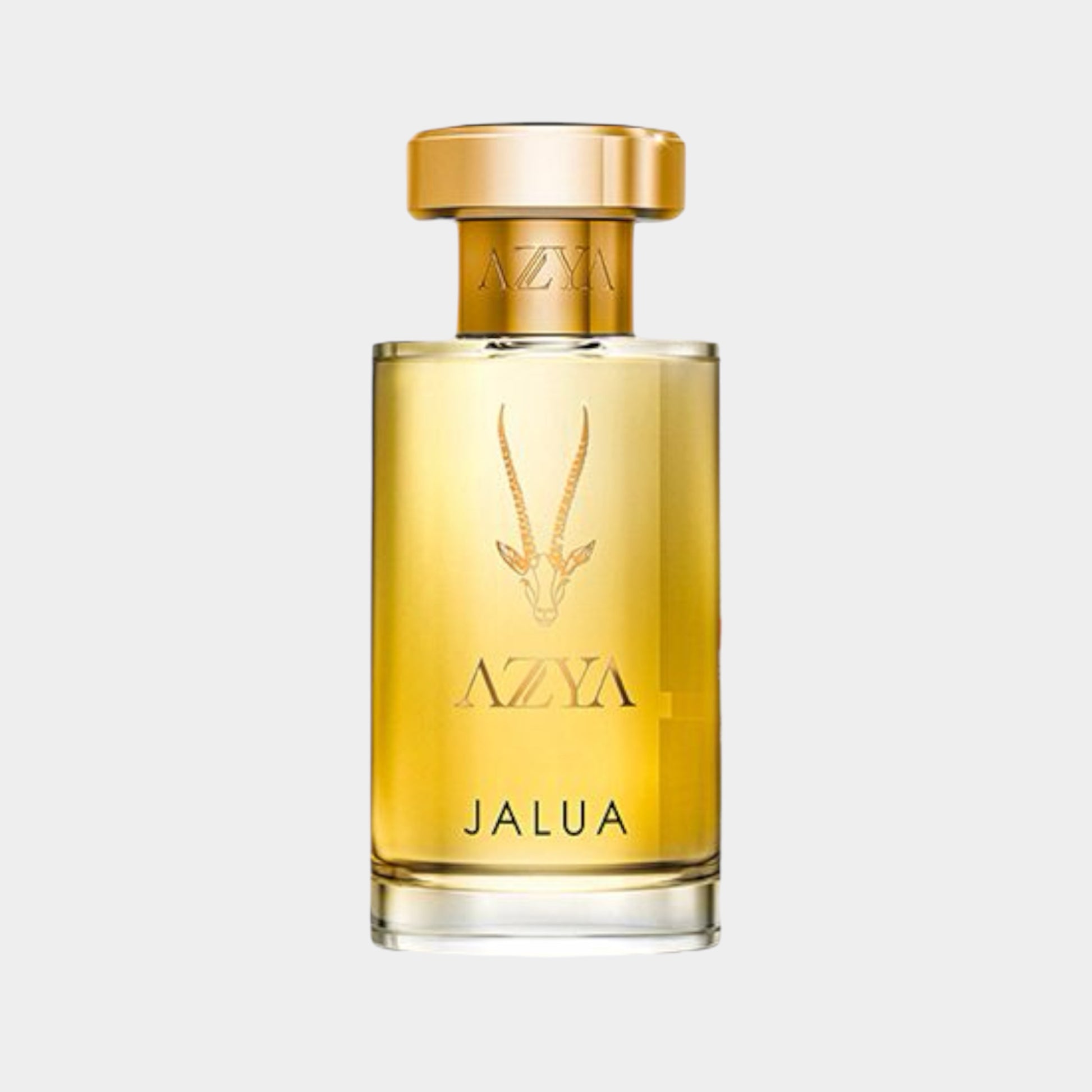 Azya Jalua volle fles met een elegante gouden dop, gevuld met een warme, amberkleurige geur. Het flesontwerp benadrukt luxe en verfijning.