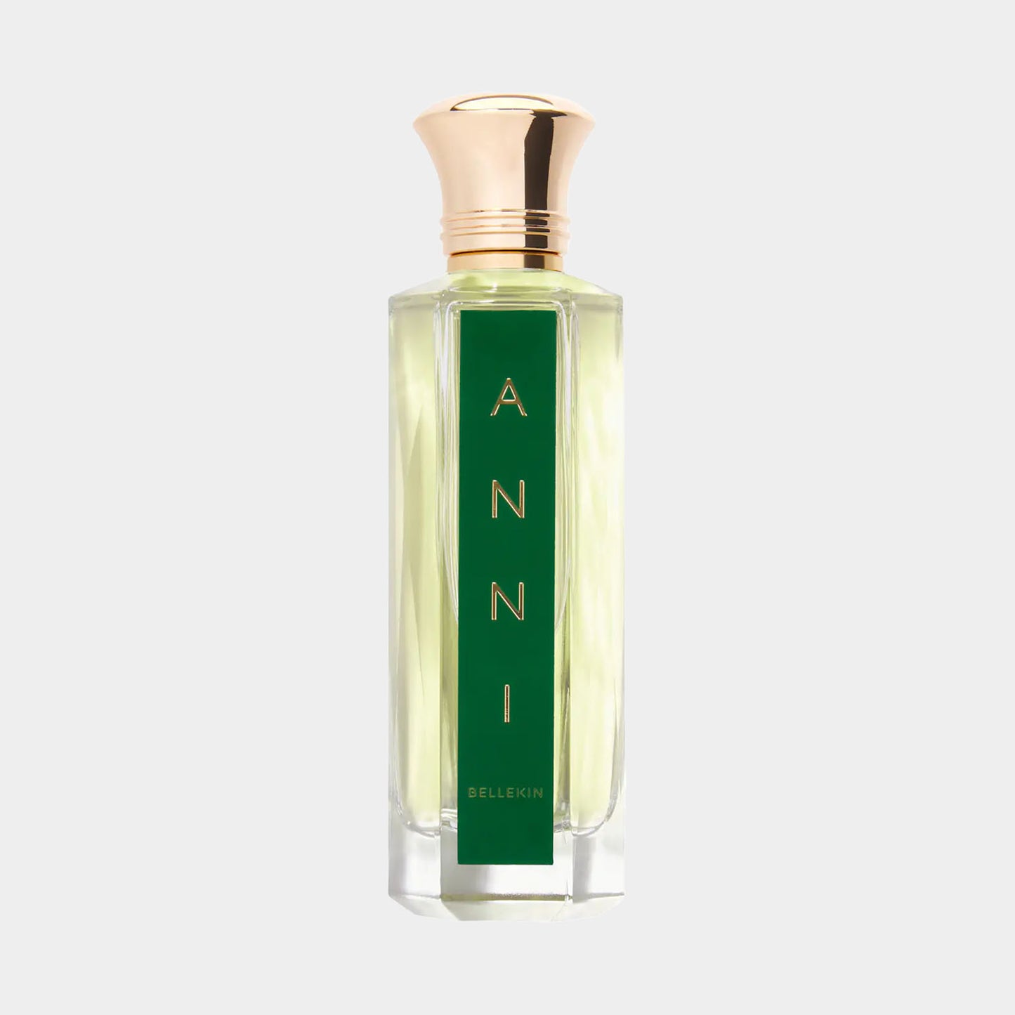 Een volledige fles Bellekin Anni, met een elegante glazen verpakking en een gouden dop, die een frisse, verfijnde geur belooft.