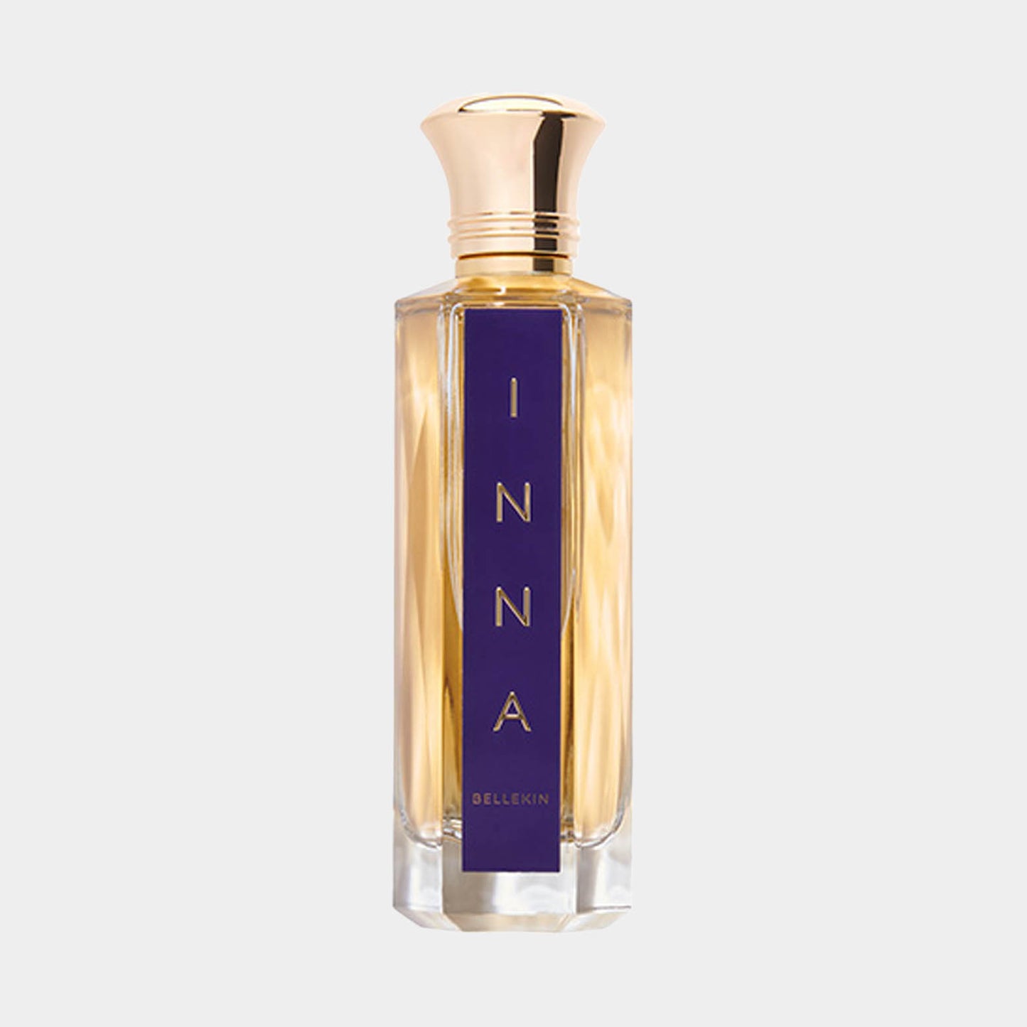 Bellekin Inna Sample - Een elegante geur in een stijlvolle, doorzichtige fles met een gouden dop en een paars etiket.