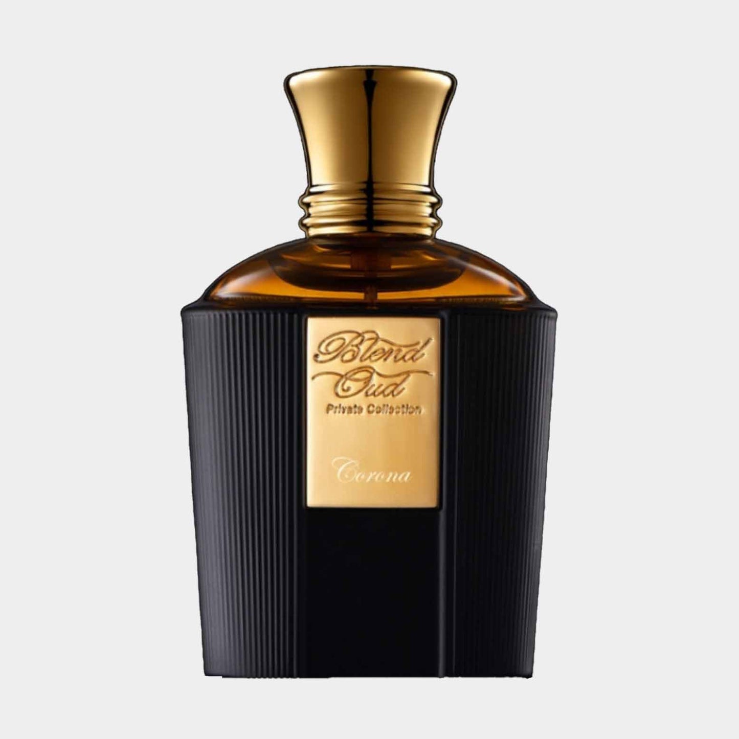 Blend Oud Private Collection Corona Sample, een luxe parfum in een elegante flacon met goudkleurige en zwarte accenten.
