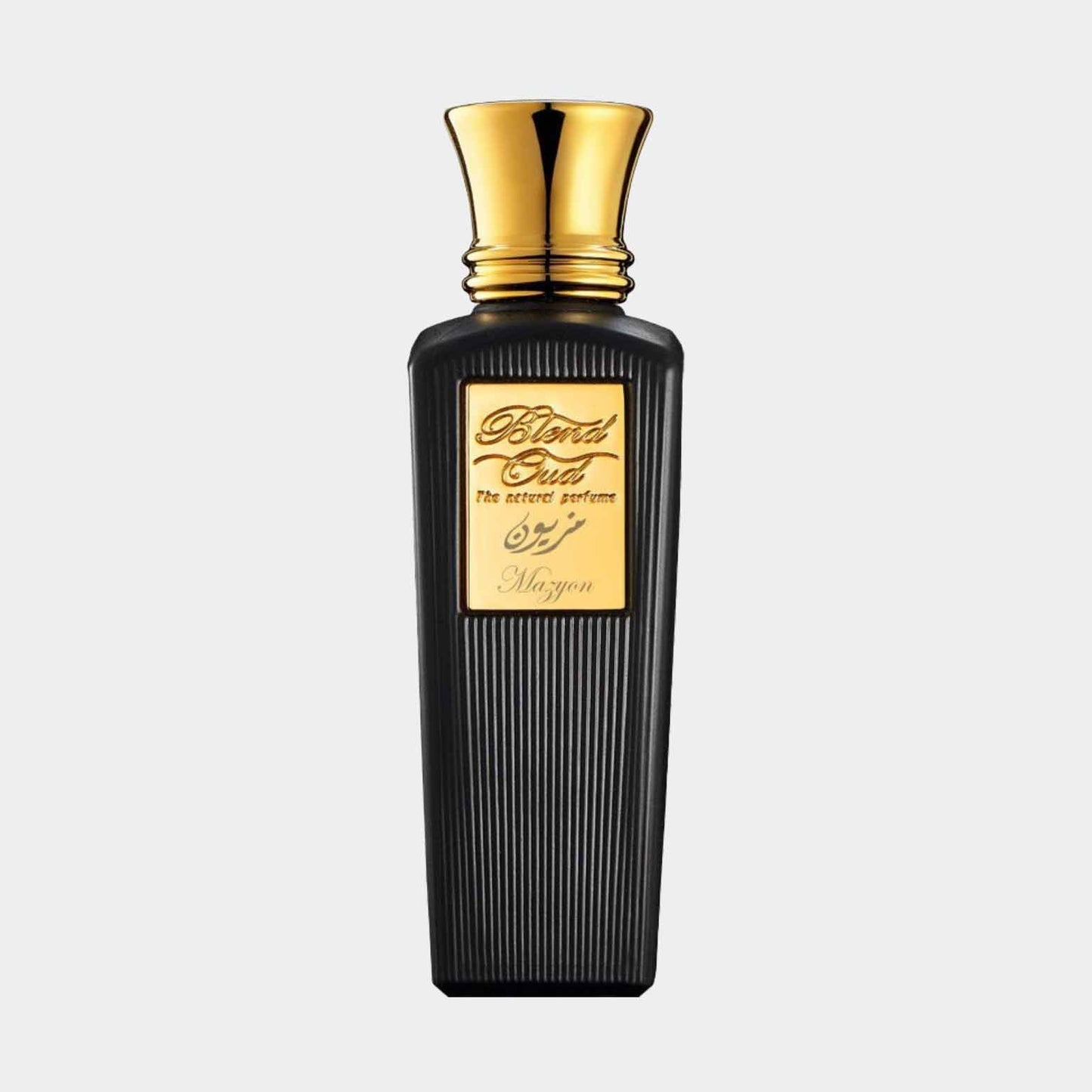 Sample van de Blend Oud Classic Collection Mazyon, gepresenteerd in een elegant zwart flacon met een gouden dop.