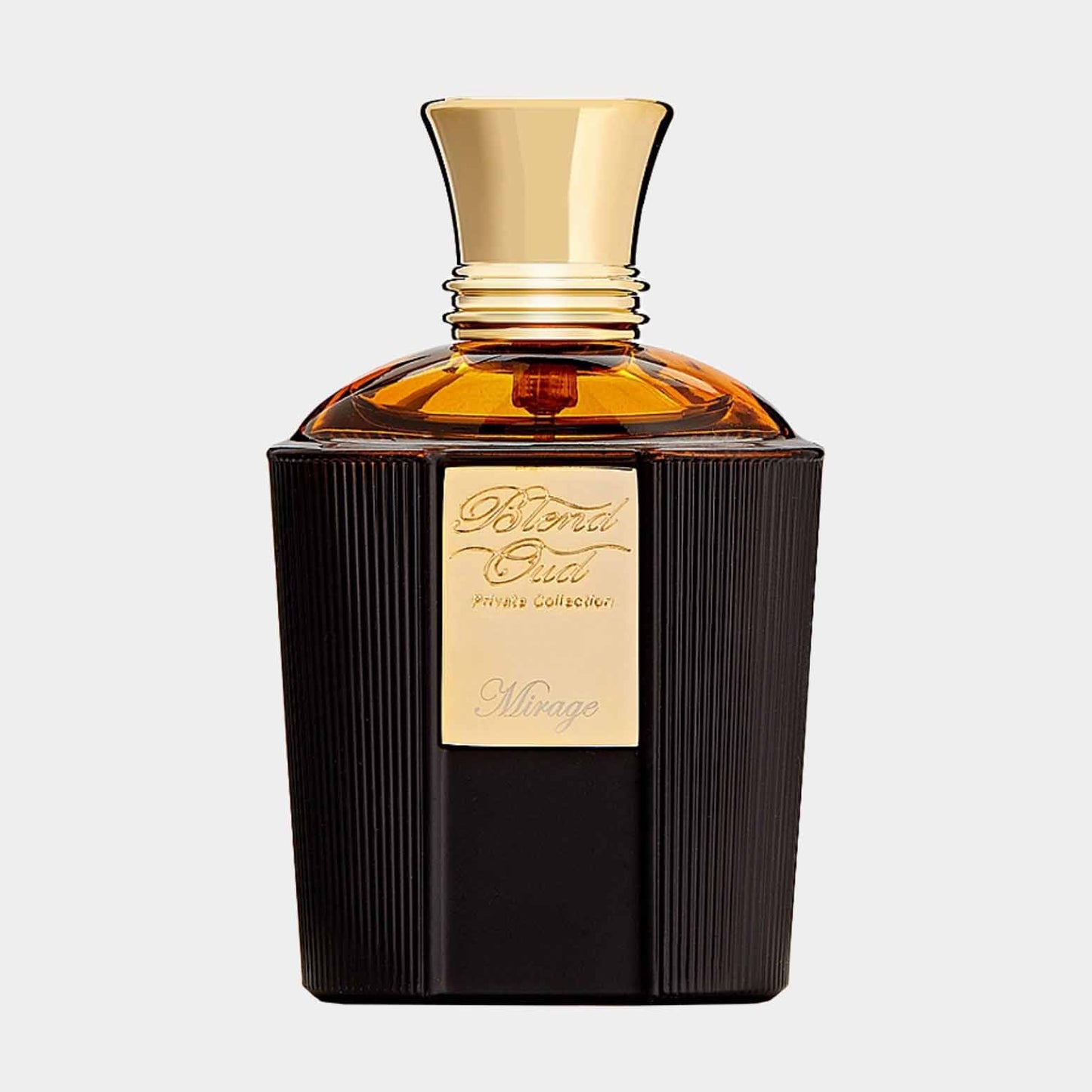Blend Oud Private Collection Mirage Sample in a striking black and gold bottle, showcasing an elegant design for a luxurious fragrance experience.