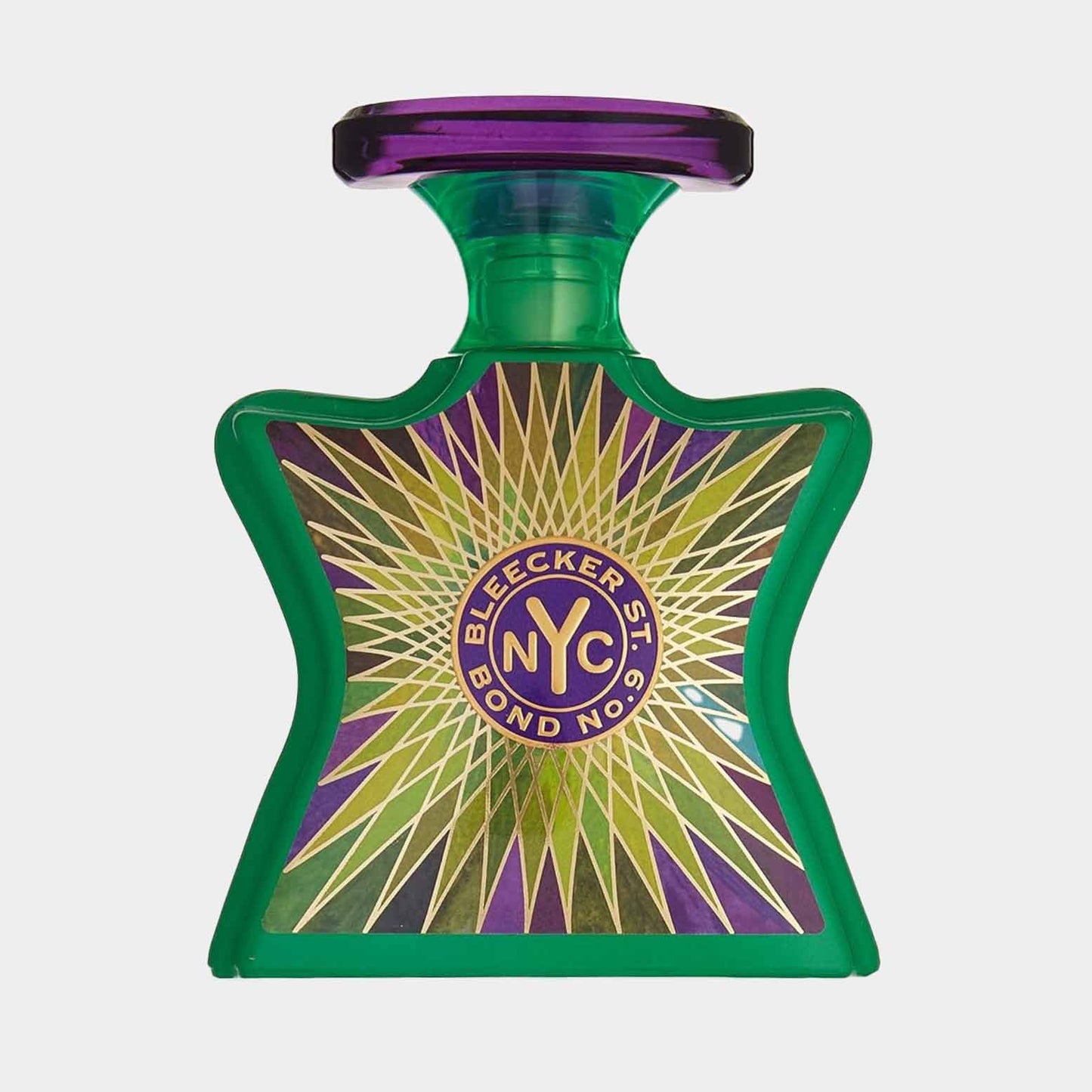 Bond No.9 Bleecker Street Sample in een opvallende groene fles met een paarsdeksel, versierd met een stralend design en het logo van Bond No.9.