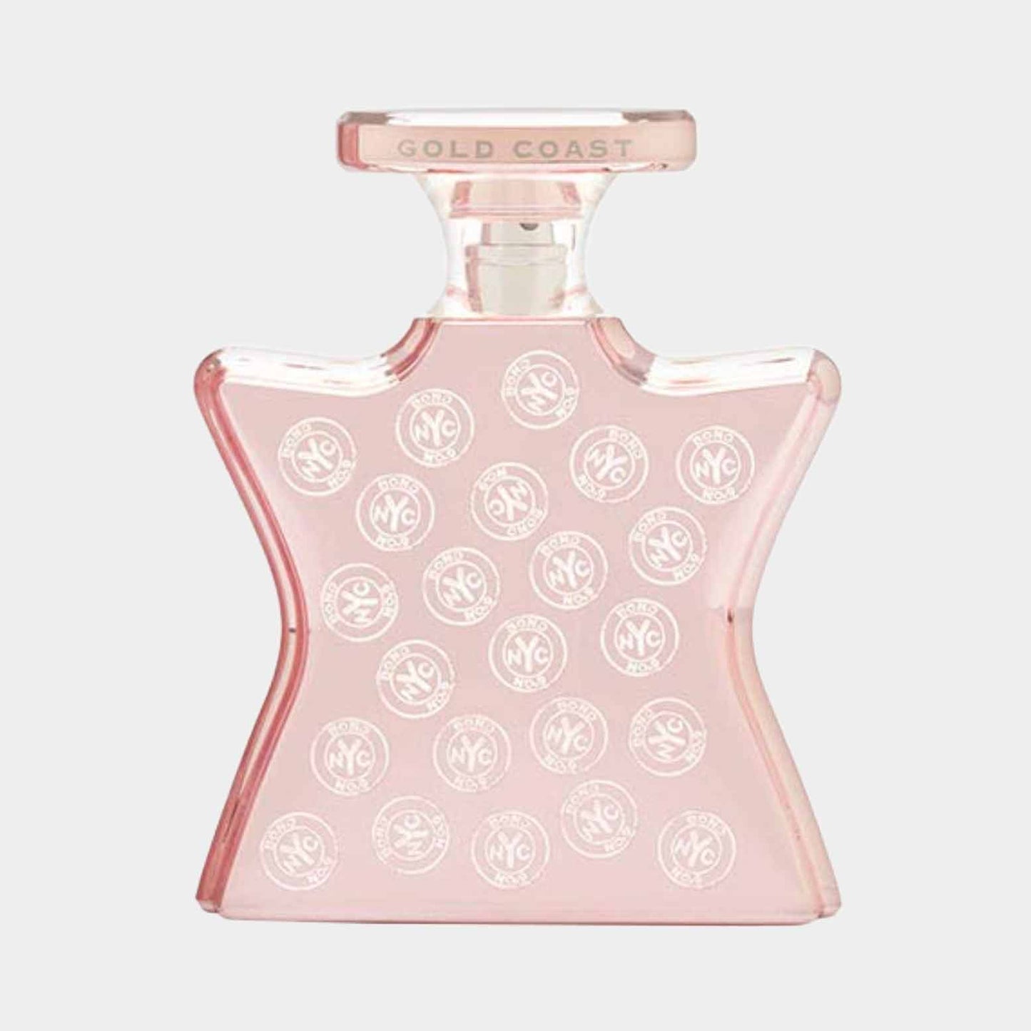 Bond No.9 Gold Coast sample, in a distinctive star-shaped flacon with a light pink hue and decorative NYC logo pattern.