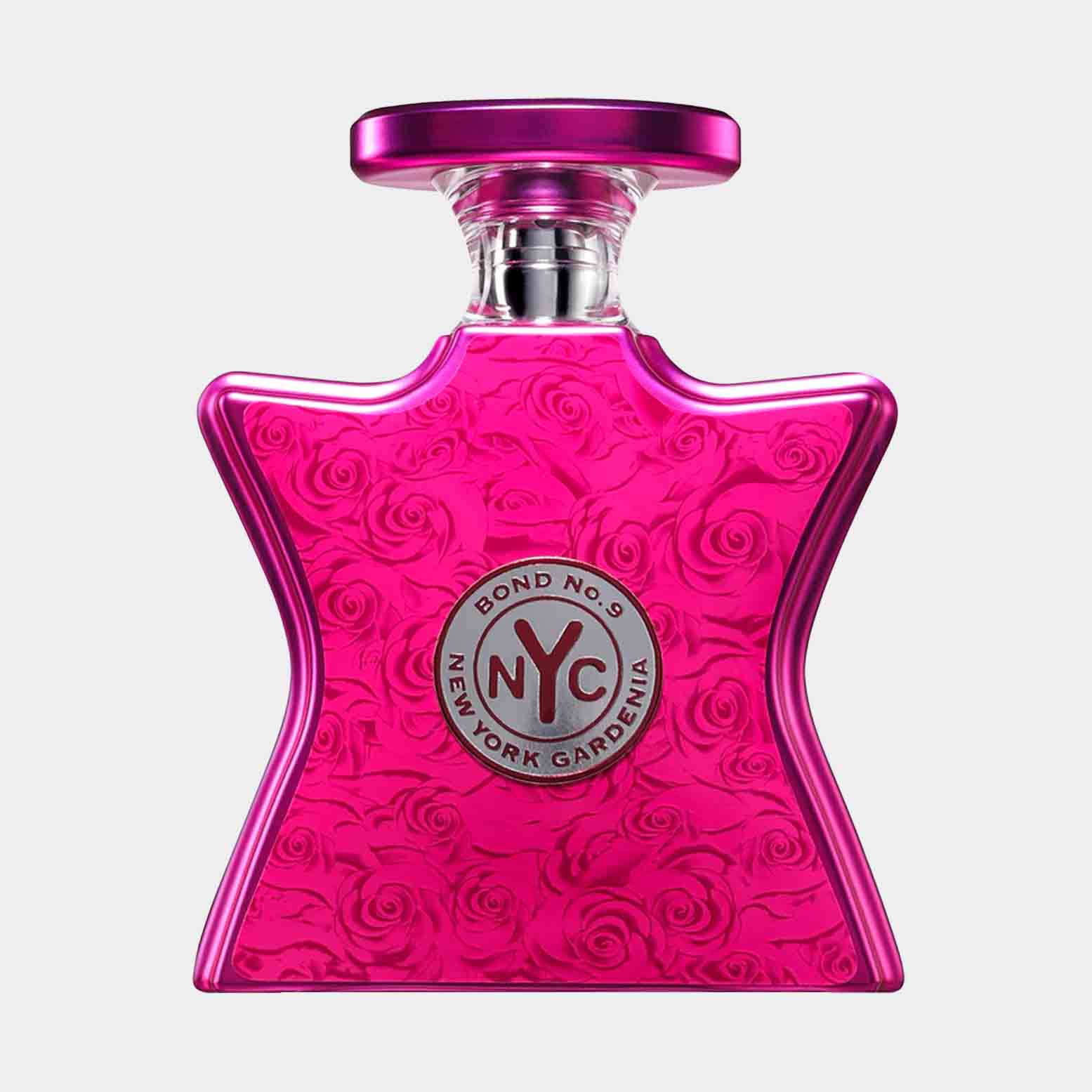 Bond No.9 New York Gardenia Sample, een unieke parfumfles in de vorm van een ster met een felroze kleur en een bloemenpatroon, ideaal voor een geurige ervaring.