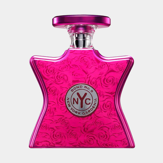 Bond No.9 New York Gardenia Sample, een unieke parfumfles in de vorm van een ster met een felroze kleur en een bloemenpatroon, ideaal voor een geurige ervaring.