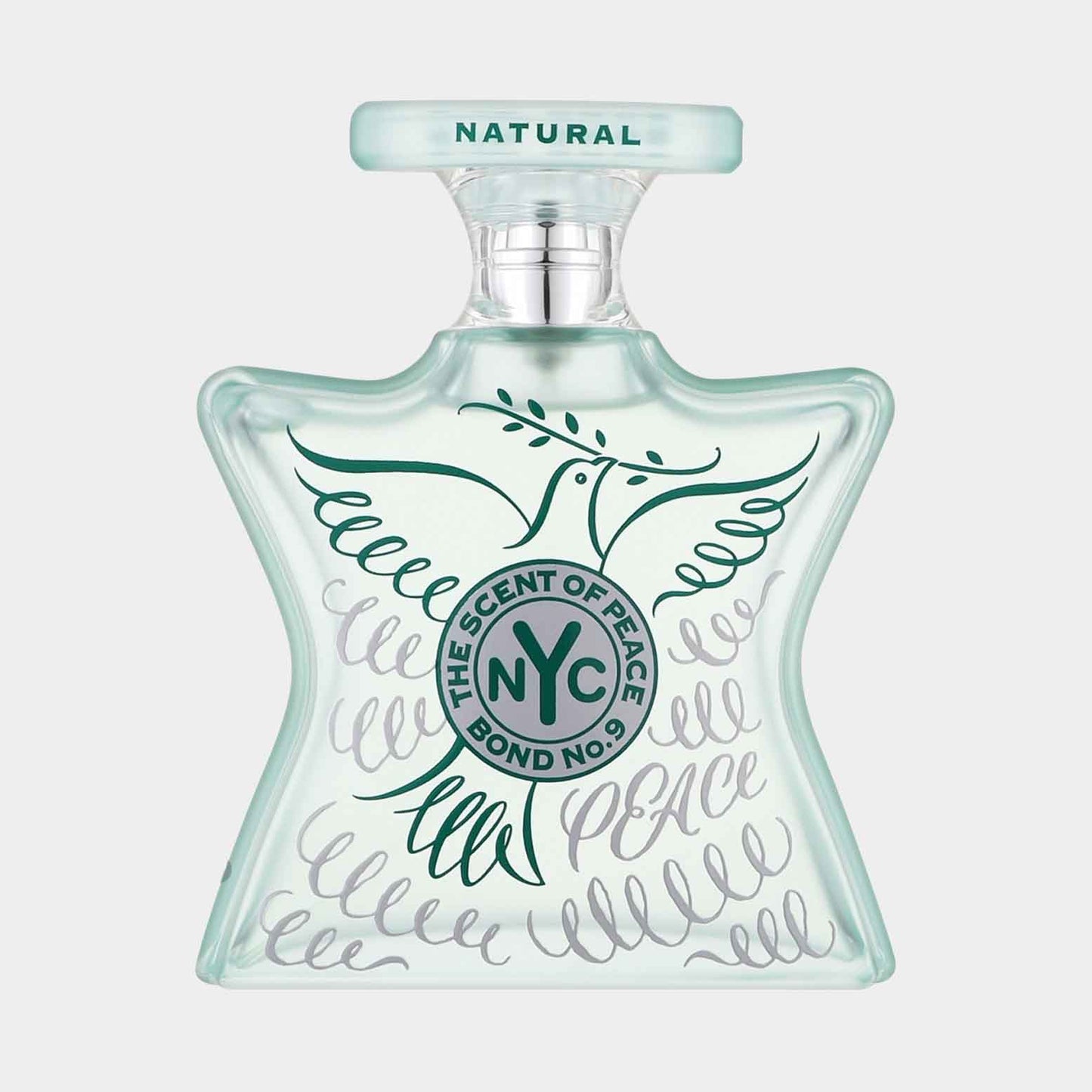 Bond No.9 The Scent of Peace Natural Sample is een stijlvolle geur in een stervormige fles, versierd met een vredesduif en elegant grafisch ontwerp.