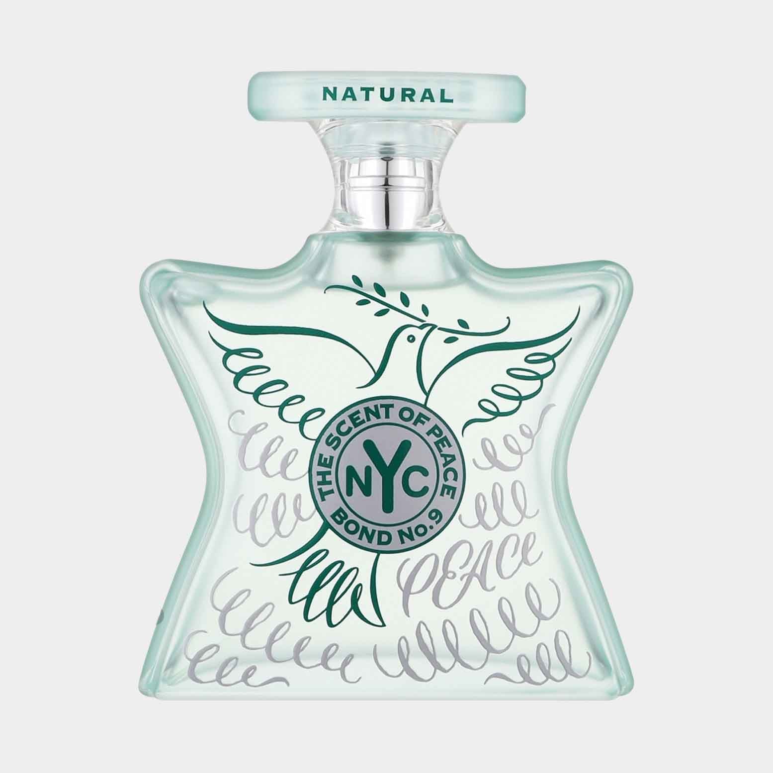 Bond No.9 The Scent of Peace Natural Sample is een stijlvolle geur in een stervormige fles, versierd met een vredesduif en elegant grafisch ontwerp.