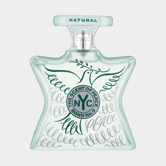 Bond No.9 The Scent of Peace Natural Sample is een stijlvolle geur in een stervormige fles, versierd met een vredesduif en elegant grafisch ontwerp.