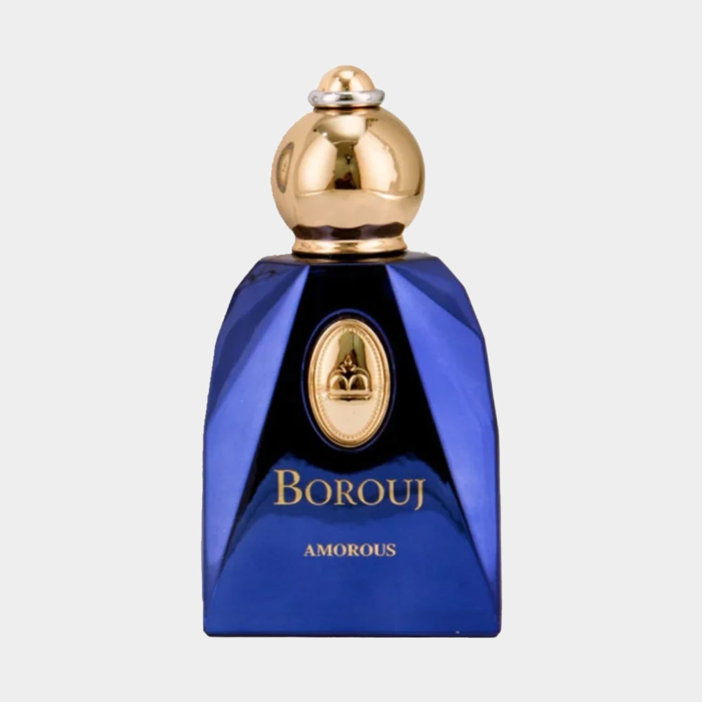 Borouj Amorous Sample, een luxe parfum in een koninklijk blauw en gouden fles met een geometrisch ontwerp.