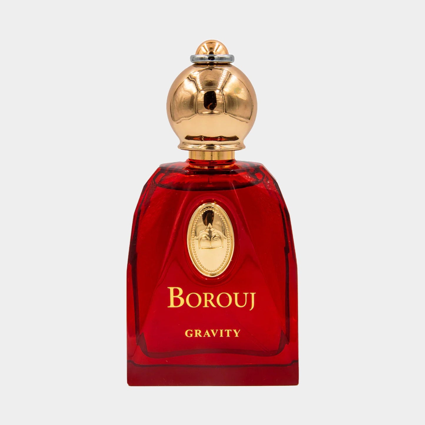 Borouj Gravity Full bottle met een elegante, rode glazen fles en een gouden dop, perfect voor een luxe geurervaring.