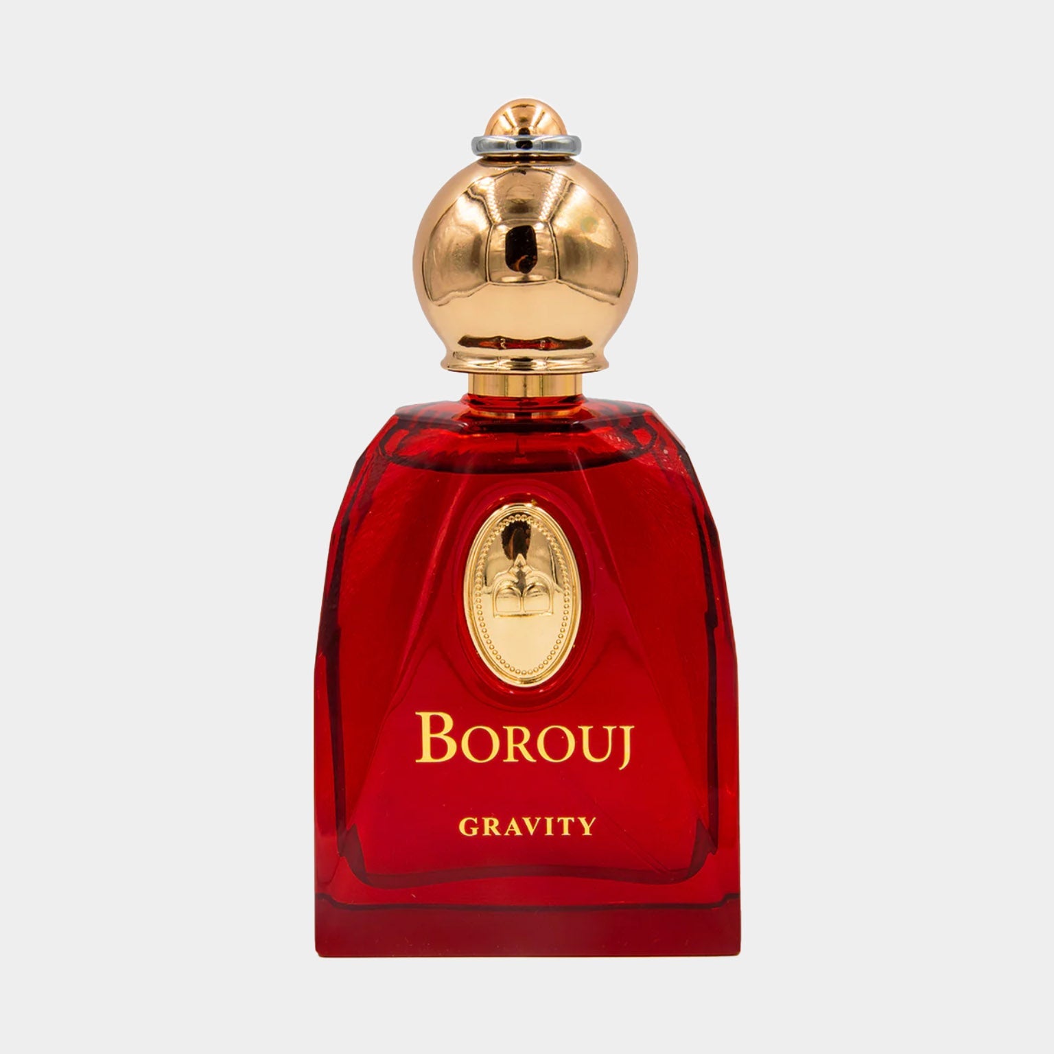 Borouj Gravity Full bottle met een elegante, rode glazen fles en een gouden dop, perfect voor een luxe geurervaring.