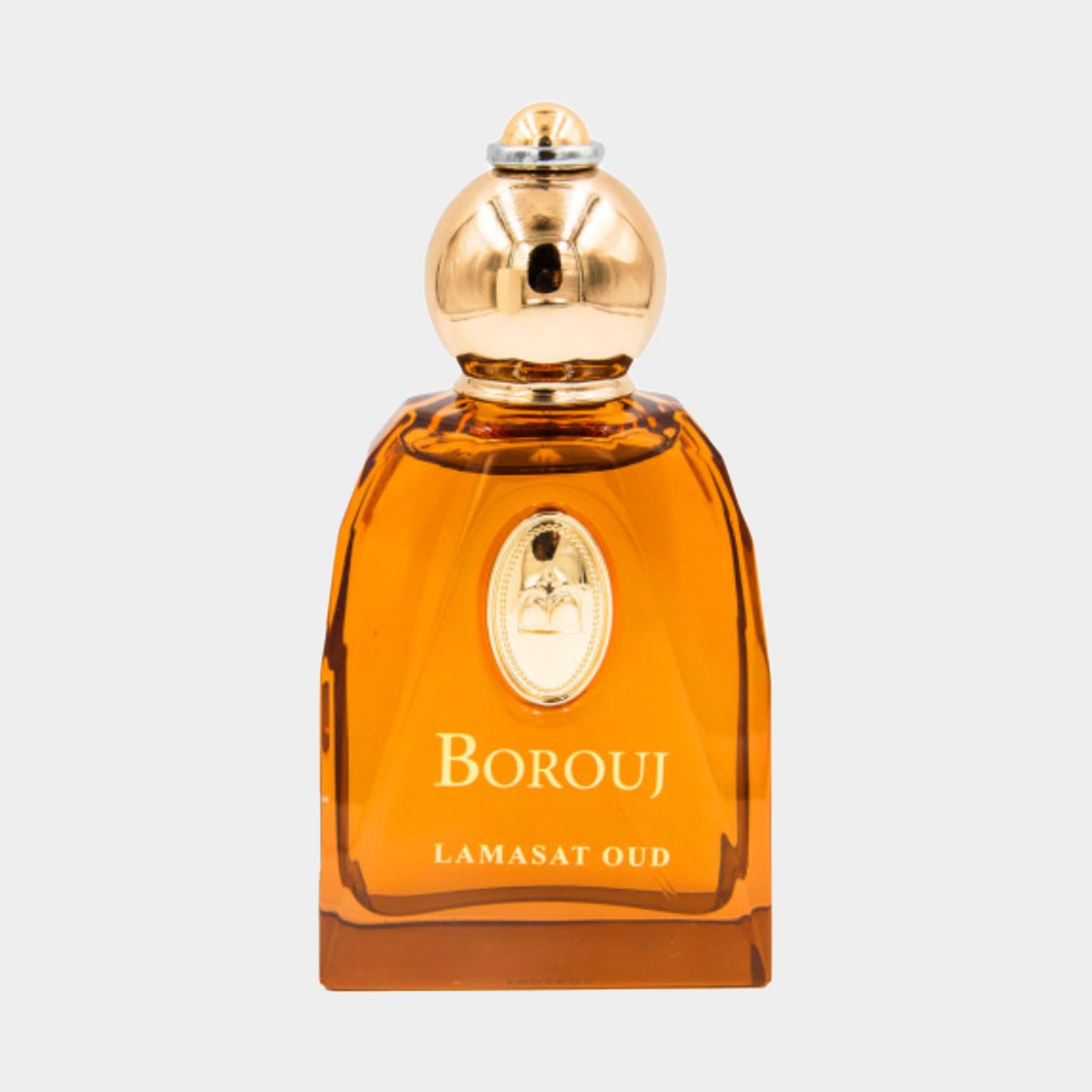 Borouj Lamasat Oud Sample, een luxe parfum in een amberkleurig flesje met een gouden dop en het Borouj-logo op de voorkant.