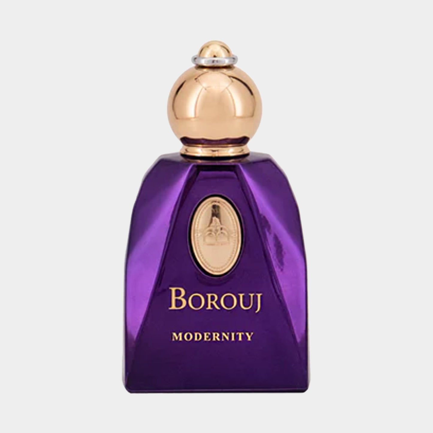 Borouj Modernity Sample, een elegant paarse parfumfles met een gouden dop, perfect voor een luxe geurervaring.