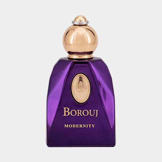 Borouj Modernity Full bottle met een rijke paarse fles en gouden dop, ontworpen voor een luxe en moderne uitstraling.