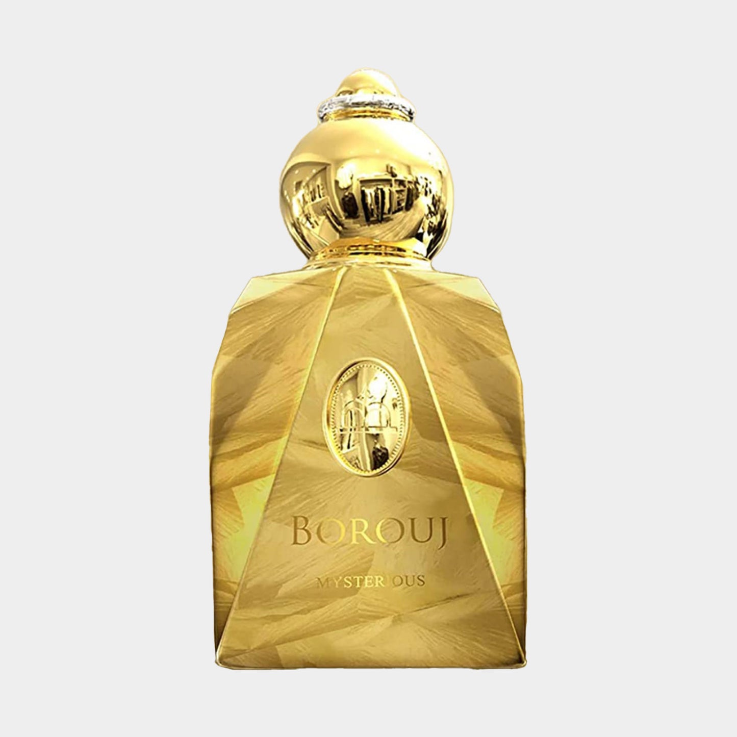 Borouj Mysterious Sample, een luxueuze gouden parfumflacon met opvallende geometrische vormen en een elegante dop.