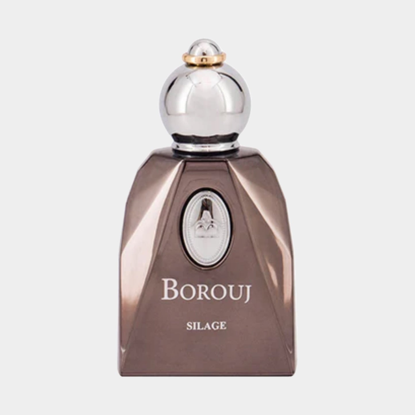 Borouj Silage Sample, een luxe parfumfles met een elegante, geometrische vorm en een glanzende dop. Het ontwerp straalt verfijning en stijl uit.