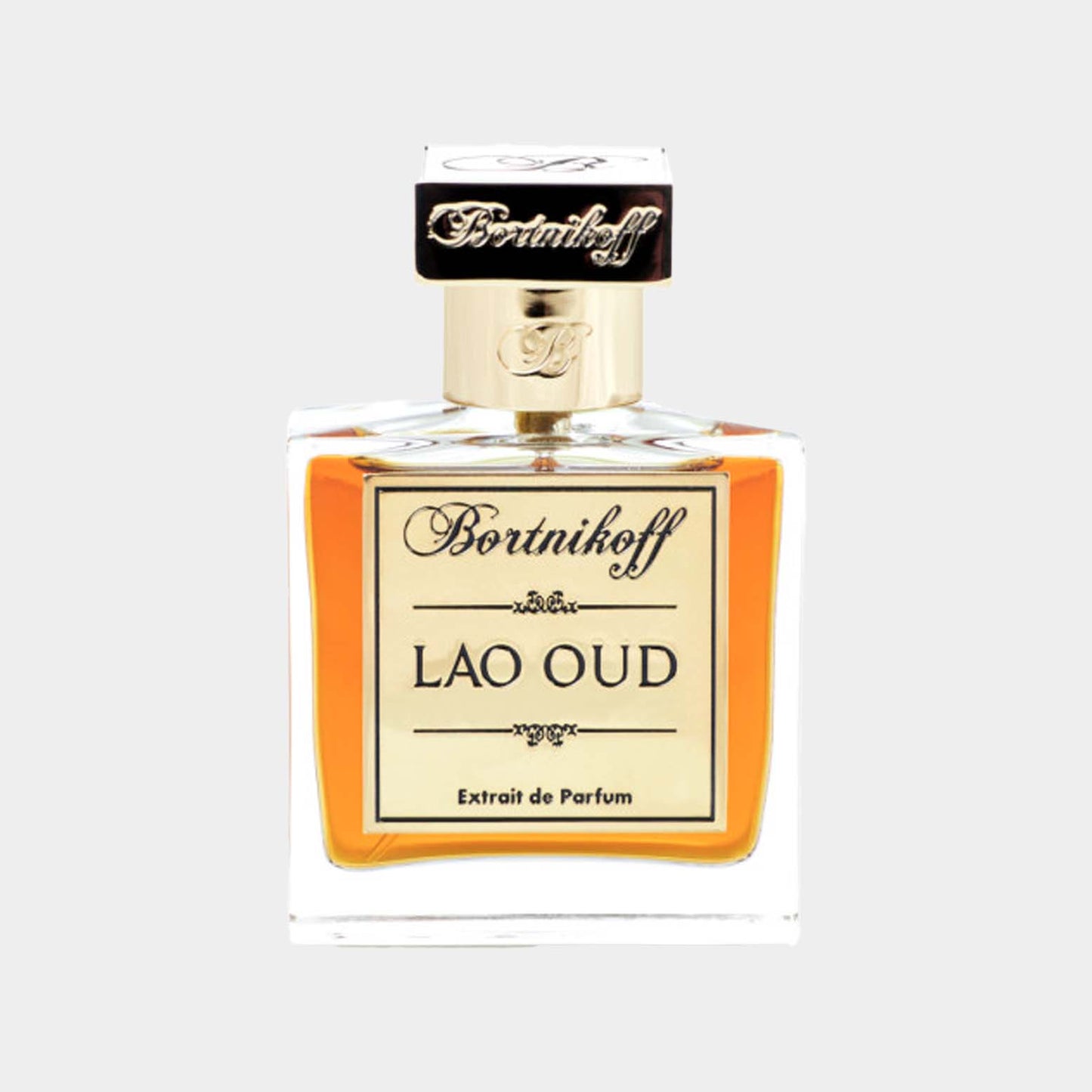 Volledige fles Bortnikoff Lao Oud, een luxueuze parfum met een rijke, oosterse geur. De flacon heeft een elegante uitstraling met gouden accenten en een warme amberkleurige vloeistof.