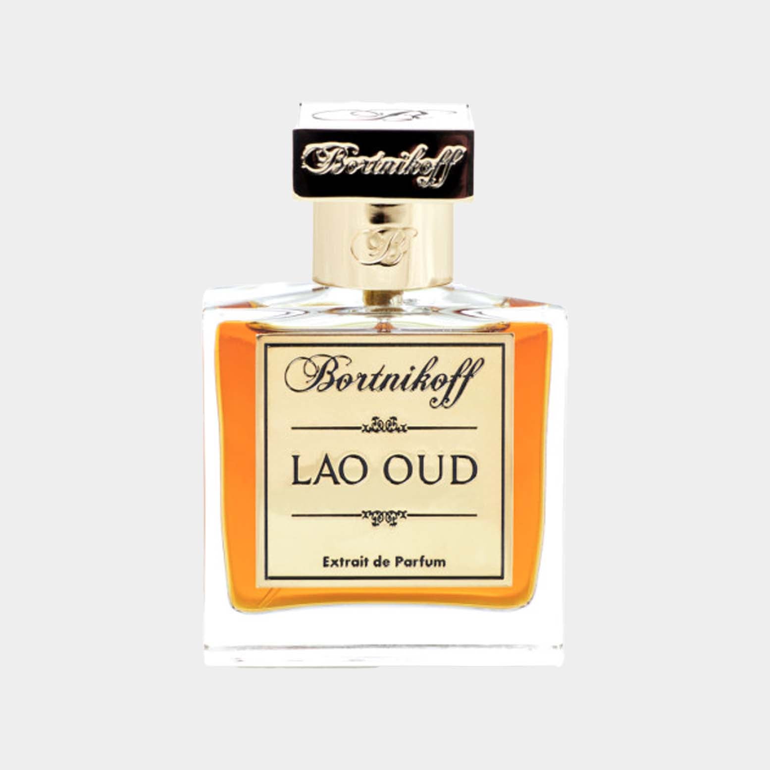 Volledige fles Bortnikoff Lao Oud, een luxueuze parfum met een rijke, oosterse geur. De flacon heeft een elegante uitstraling met gouden accenten en een warme amberkleurige vloeistof.