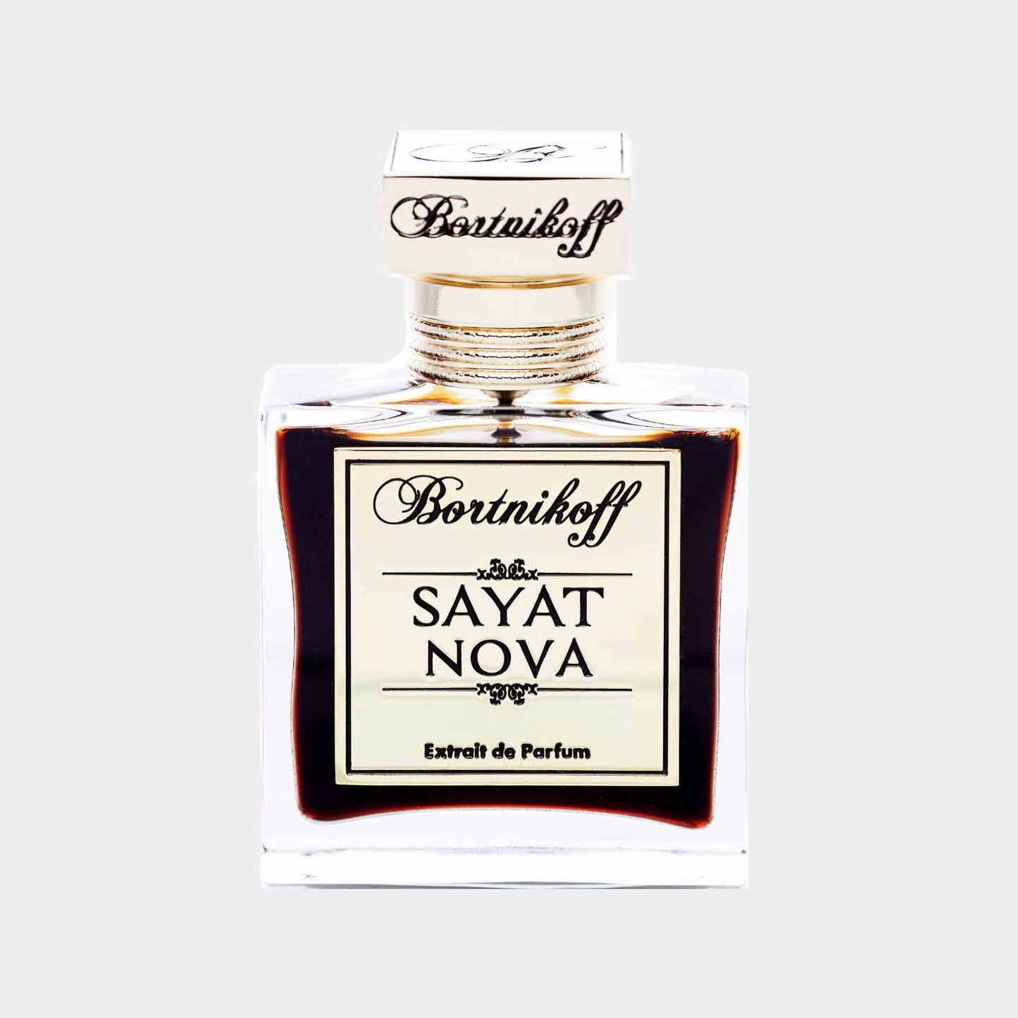 Bloemige en houtachtige geur in een elegante flacon van Bortnikoff Sayat Nova Sample, een extrait de parfum. De flacon heeft een luxe uitstraling met een gouden afwerking en een stijlvolle label.