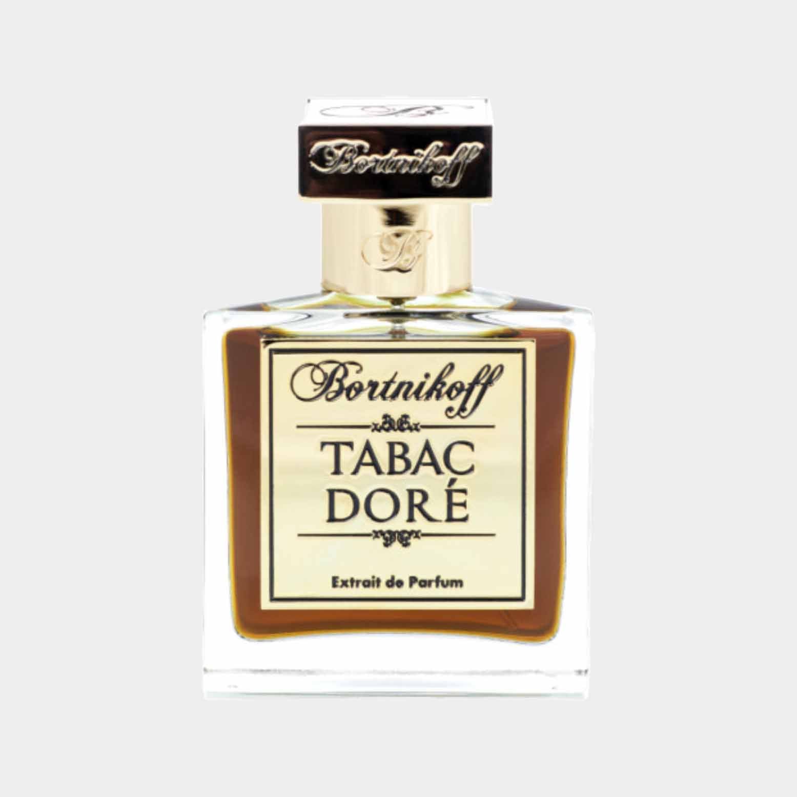 Bortnikoff Tabac Dore Sample, een elegante parfumfles met een gouden label en een uitgesproken geur van tabak.