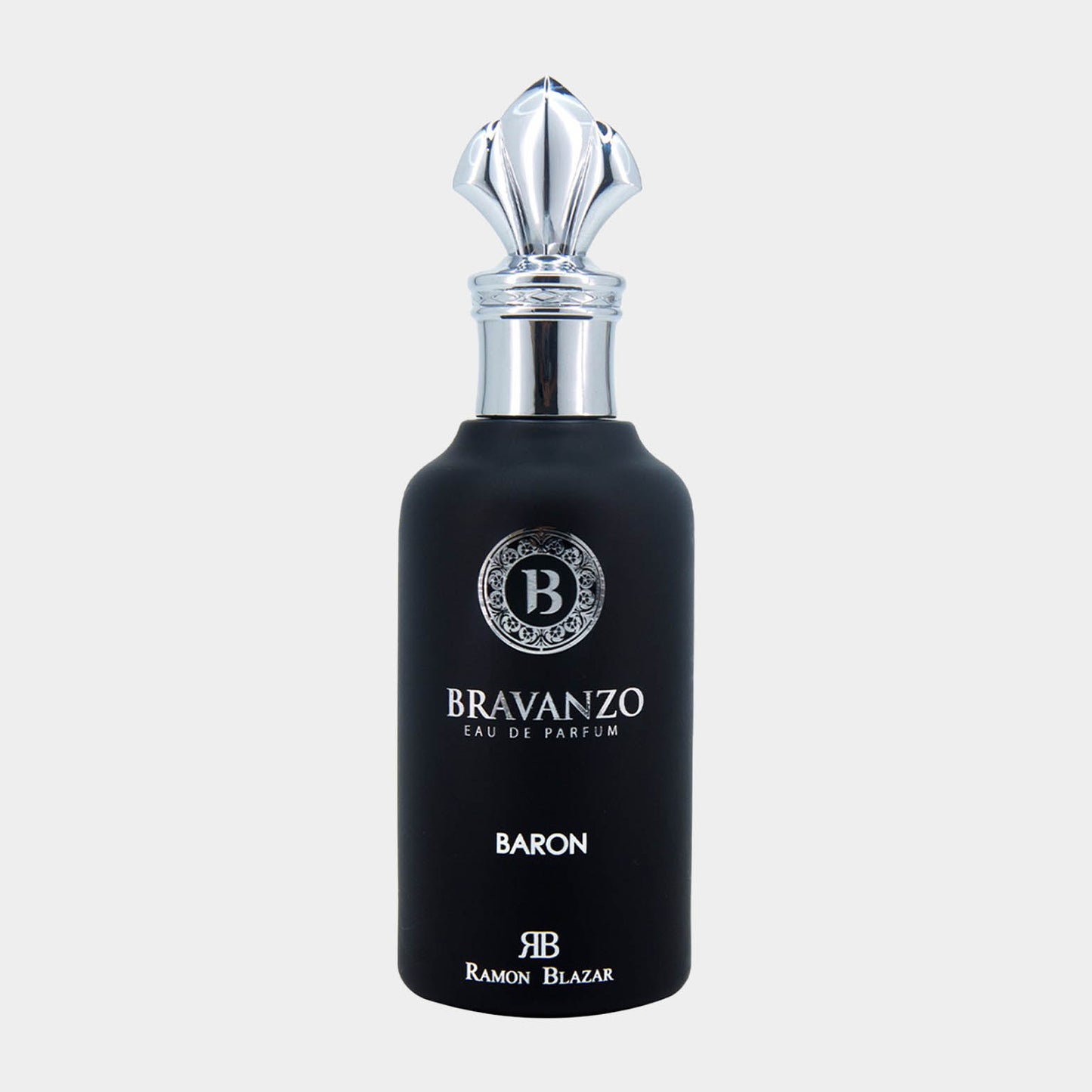 Zwarte flacon van Bravanzo Baron Sample, een elegante eau de parfum met een luxe ontwerp en opvallende dop. Perfect voor degenen die een verfijnde geur willen ervaren.