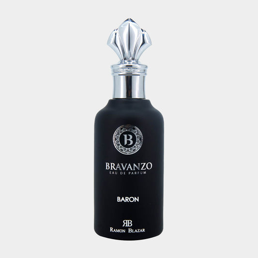 Een full bottle van Bravanzo Baron, een luxe eau de parfum in een elegant zwart glas met een verfijnde zilveren dop.