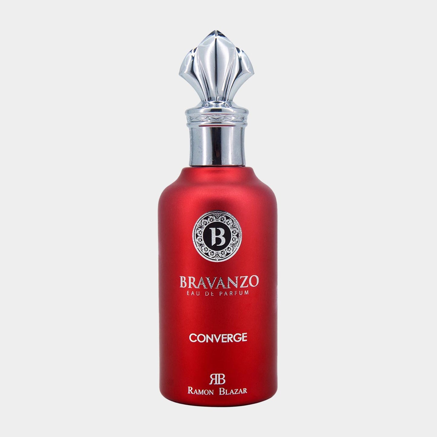 Bravanzo Converge Full bottle, een elegante parfumfles met een matte rode afwerking en een luxe gepolijste dop, ontworpen door Ramon Blazar.