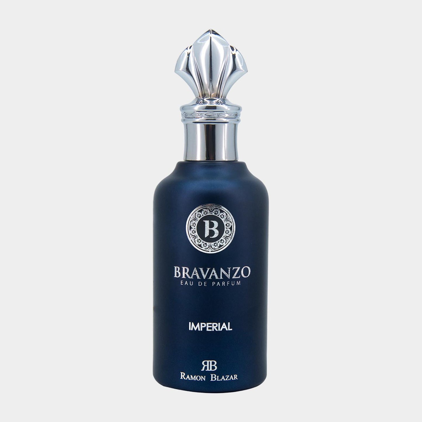 De Bravanzo Imperial Sample is een elegante parfumfles met een rijke blauwe kleur en een luxe kroonvormige dop, perfect voor een verfijnde geurervaring.