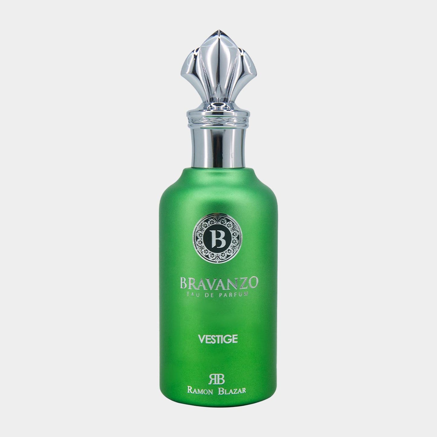 Bravanzo Vestige Sample in een elegante groene flacon met een decoratieve dop, ontworpen door Ramon Blazar.