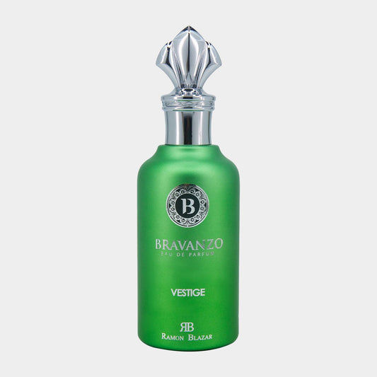 Bravanzo Vestige Full bottle, een elegante, groene parfumfles met een opvallende, zilveren dop, ontworpen door Ramon Blazar.