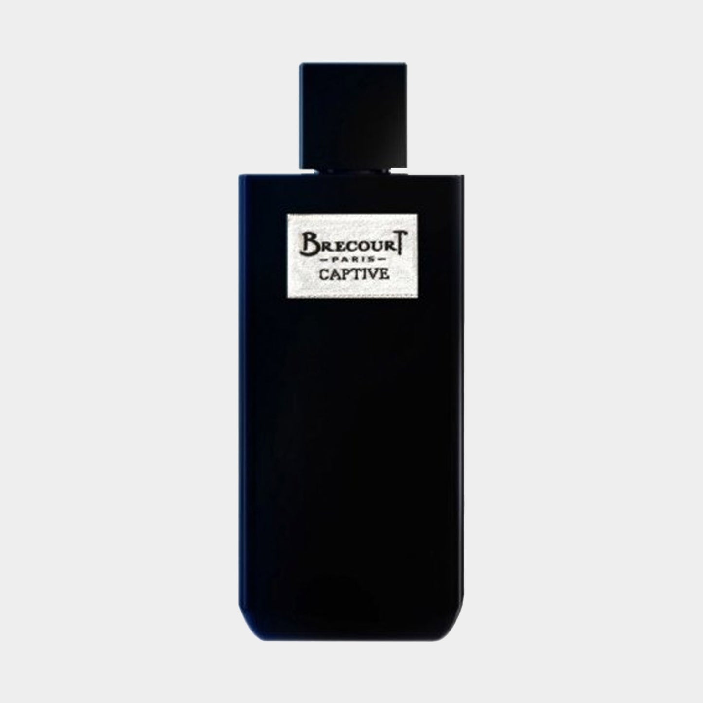 Brecourt Captive full bottle in een elegante, zwarte verpakking met een witte label en logo. Dit parfum straalt luxe en verfijning uit.