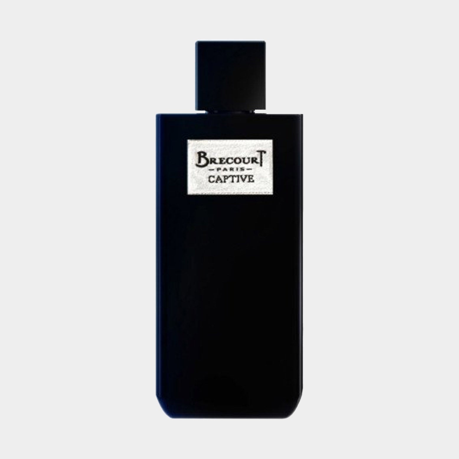 Brecourt Captive full bottle in een elegante, zwarte verpakking met een witte label en logo. Dit parfum straalt luxe en verfijning uit.