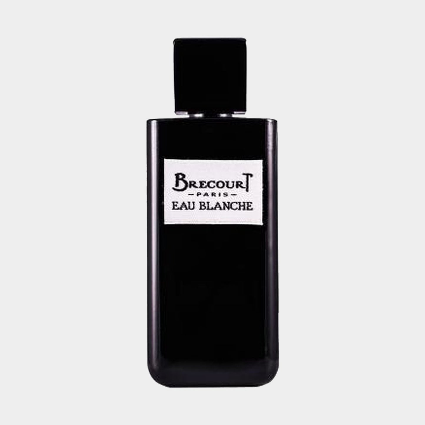 Een Brecourt Eau Blanche monsterfles met een modern, zwart design en een eenvoudig etiket. Deze parfum sample biedt een kans om de verfijnde geur te ervaren.