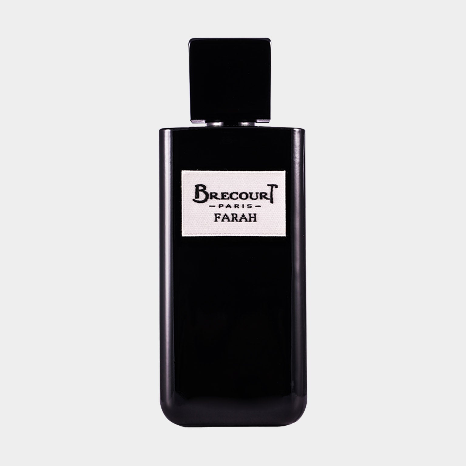 Brecourt Farah EDP Full bottle met een elegante zwart glazen fles en een minimalistisch etiket, geschikt voor een luxe geurervaring.