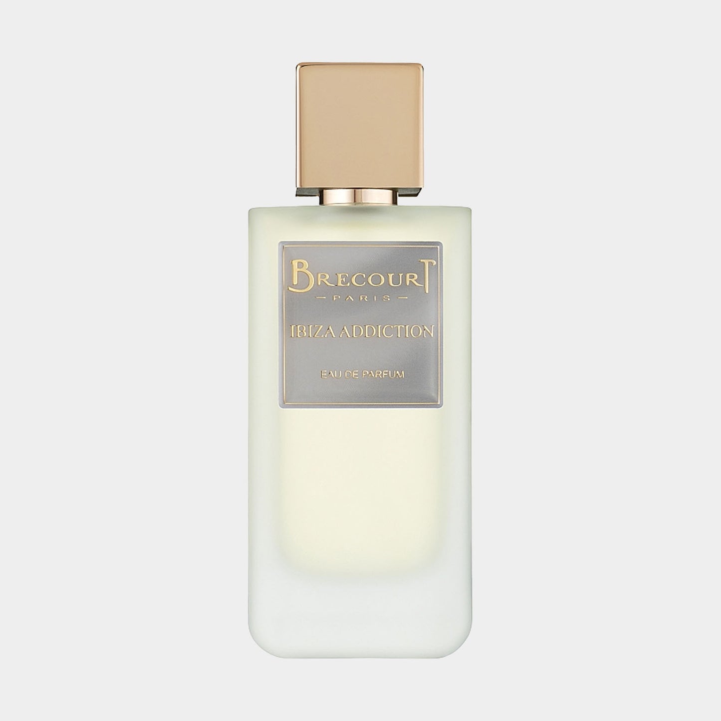 Brecourt Ibiza Addiction Sample, een elegante parfumfles met een minimalistisch ontwerp en gouden accenten, perfect voor een verfijnde geurervaring.