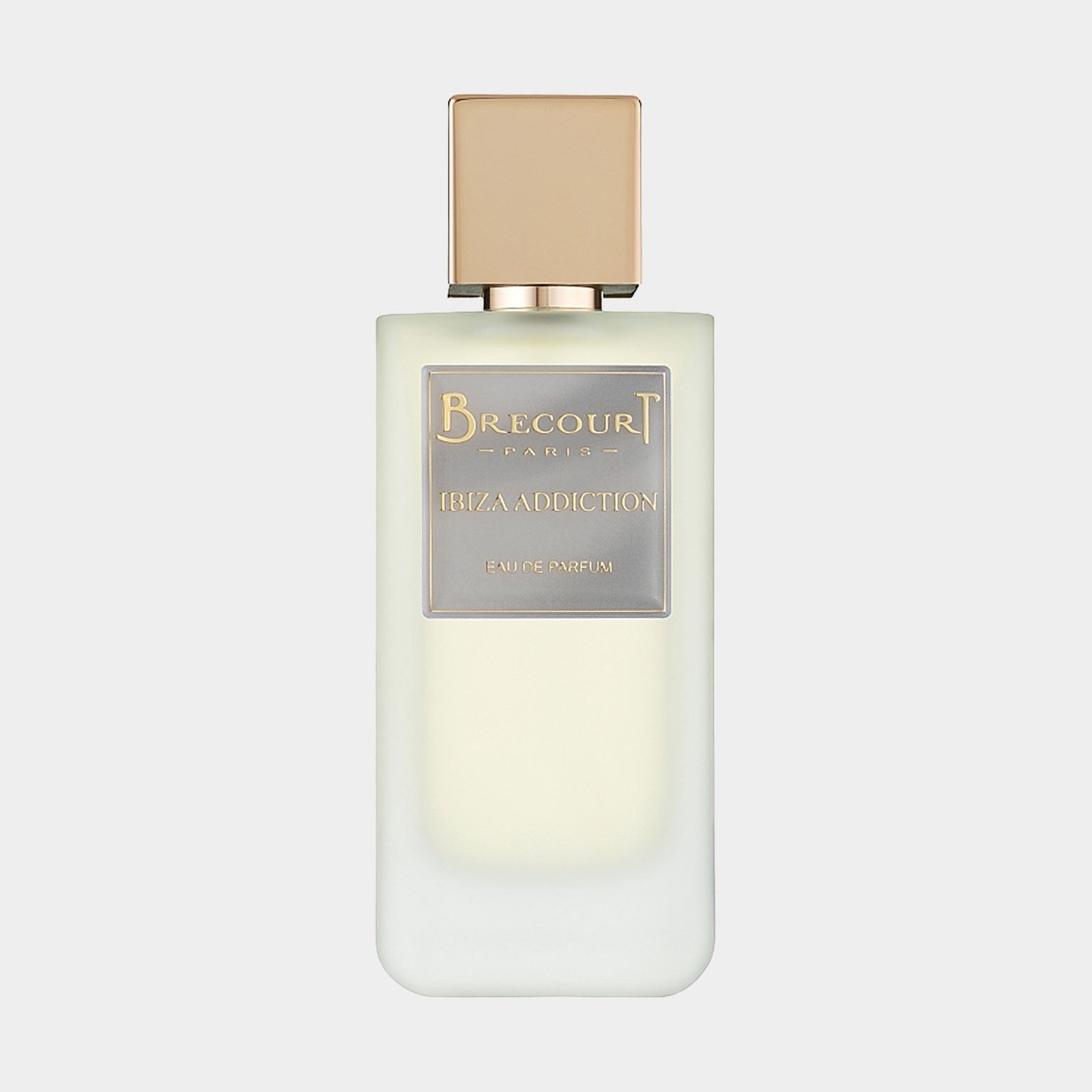 Brecourt Ibiza Addiction Sample, een elegante parfumfles met een minimalistisch ontwerp en gouden accenten, perfect voor een verfijnde geurervaring.