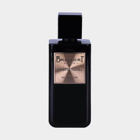 Brecourt Noces de Nerola Sample - een luxe parfumfles met een elegante zwarte uitvoering en een gouden label.
