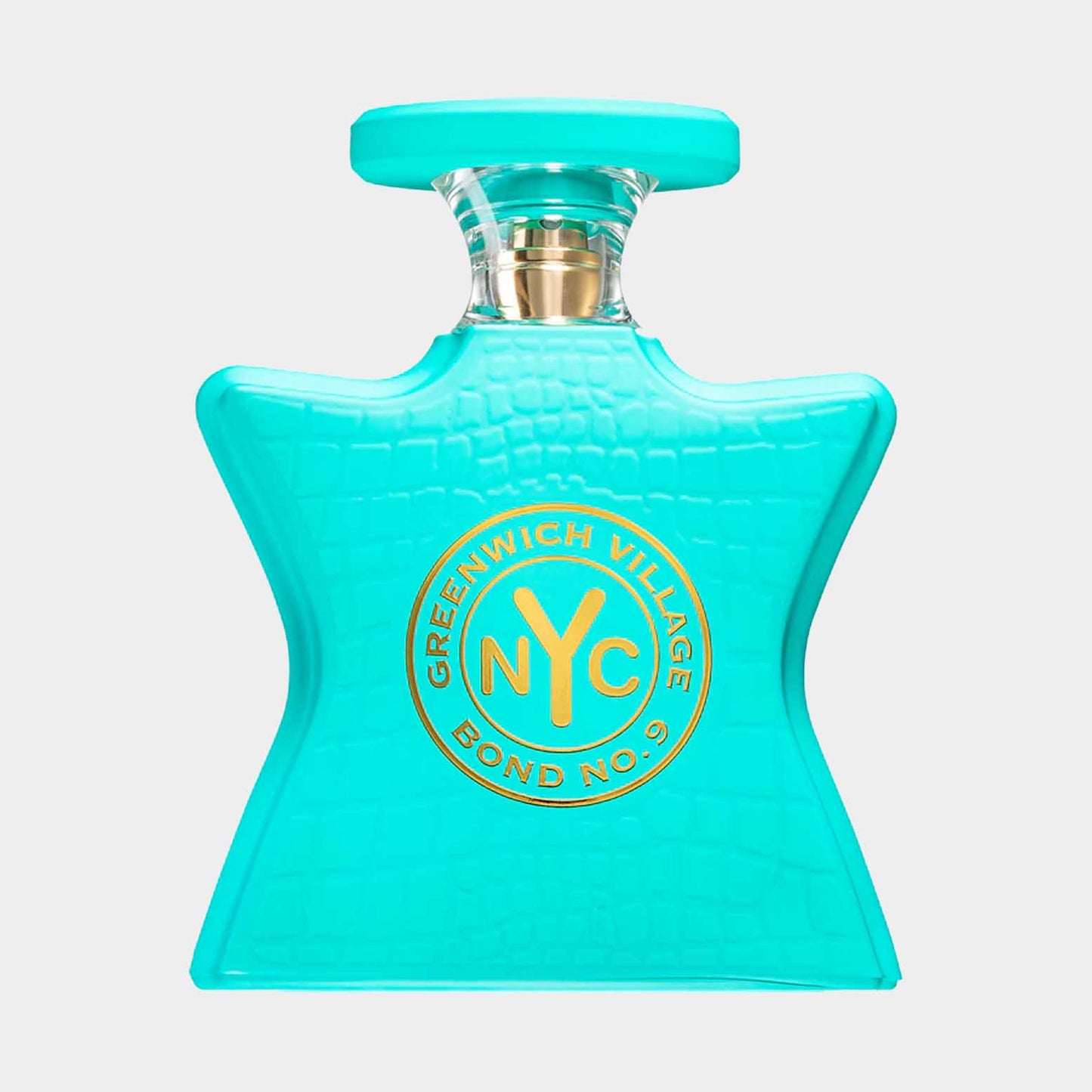 Sample van Bond No.9 Greenwich Village, gepresenteerd in een opvallende turquoise stervormige fles met gouden accenten en het NYC-logo.