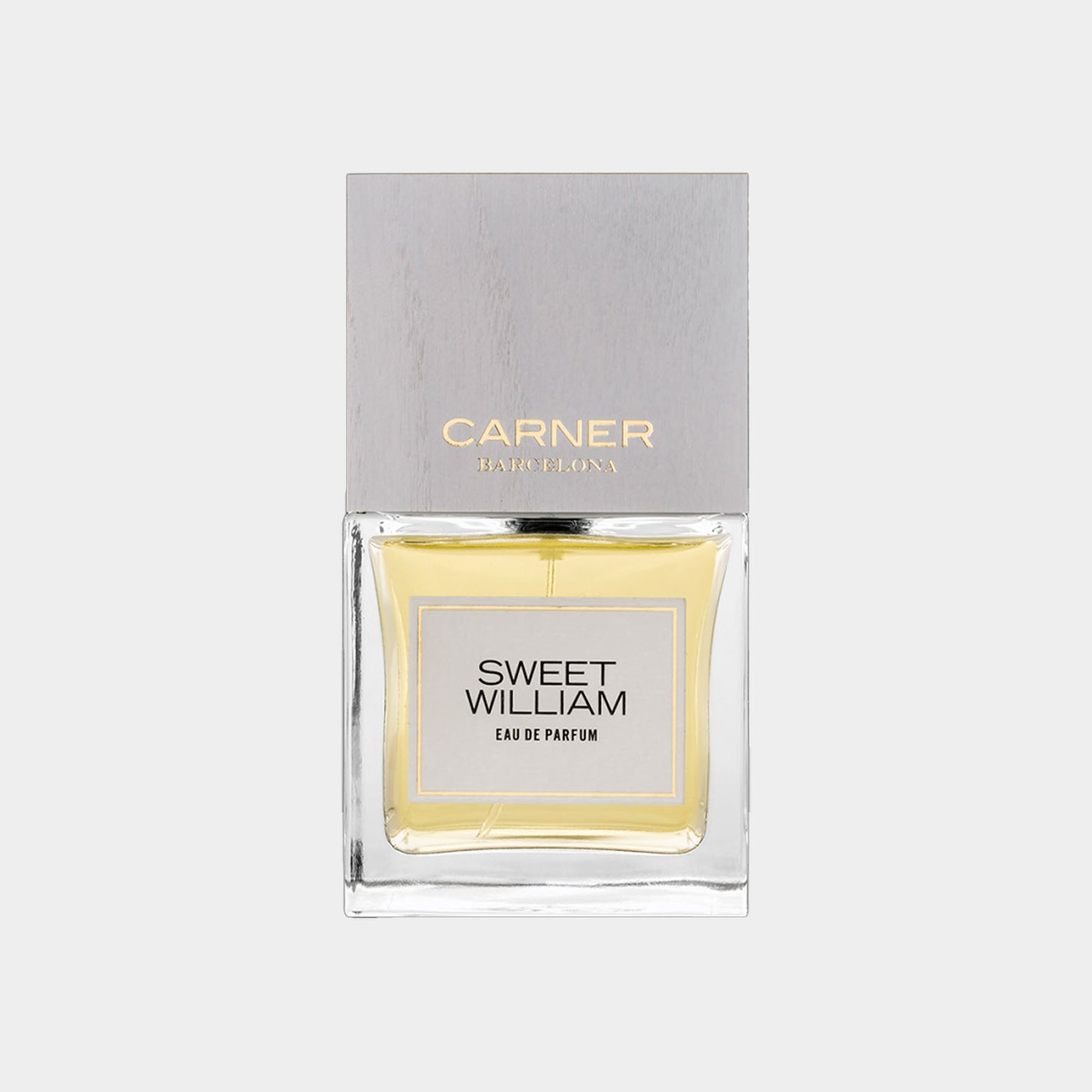 Carner Barcelona Sweet William Sample, een elegante glazen flacon met een heldergeel parfum. Dit eau de parfum biedt een verfijnde geurervaring.