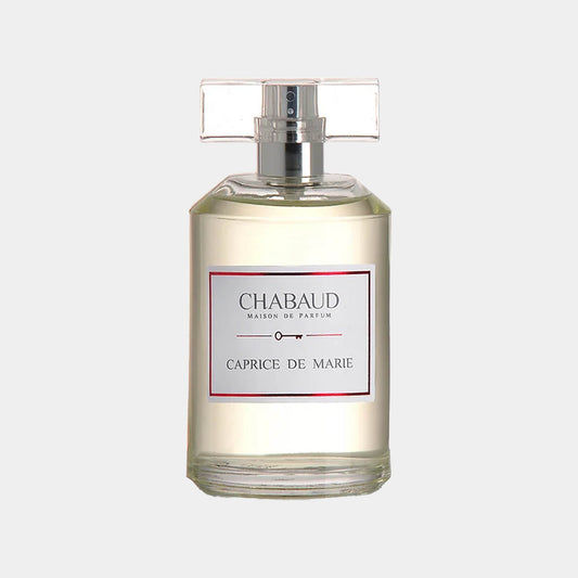 Sample van Chabaud Maison de Parfum Caprice De Marie, een elegant parfum met een verfijnde uitstraling, gepresenteerd in een glazen fles met een transparante dop.