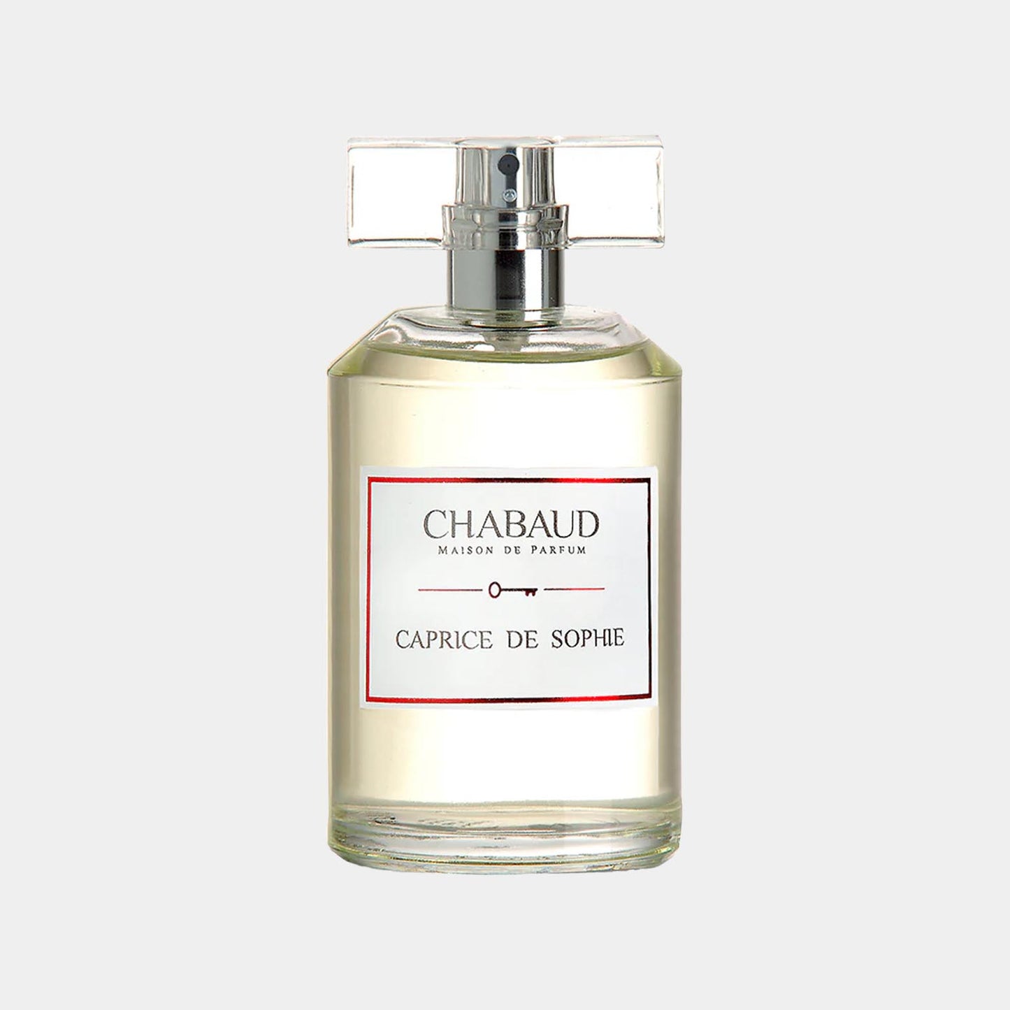 Sample van Chabaud Maison de Parfum Caprice de Sophie, gepresenteerd in een elegante, doorzichtige fles met een luxe uitstraling.
