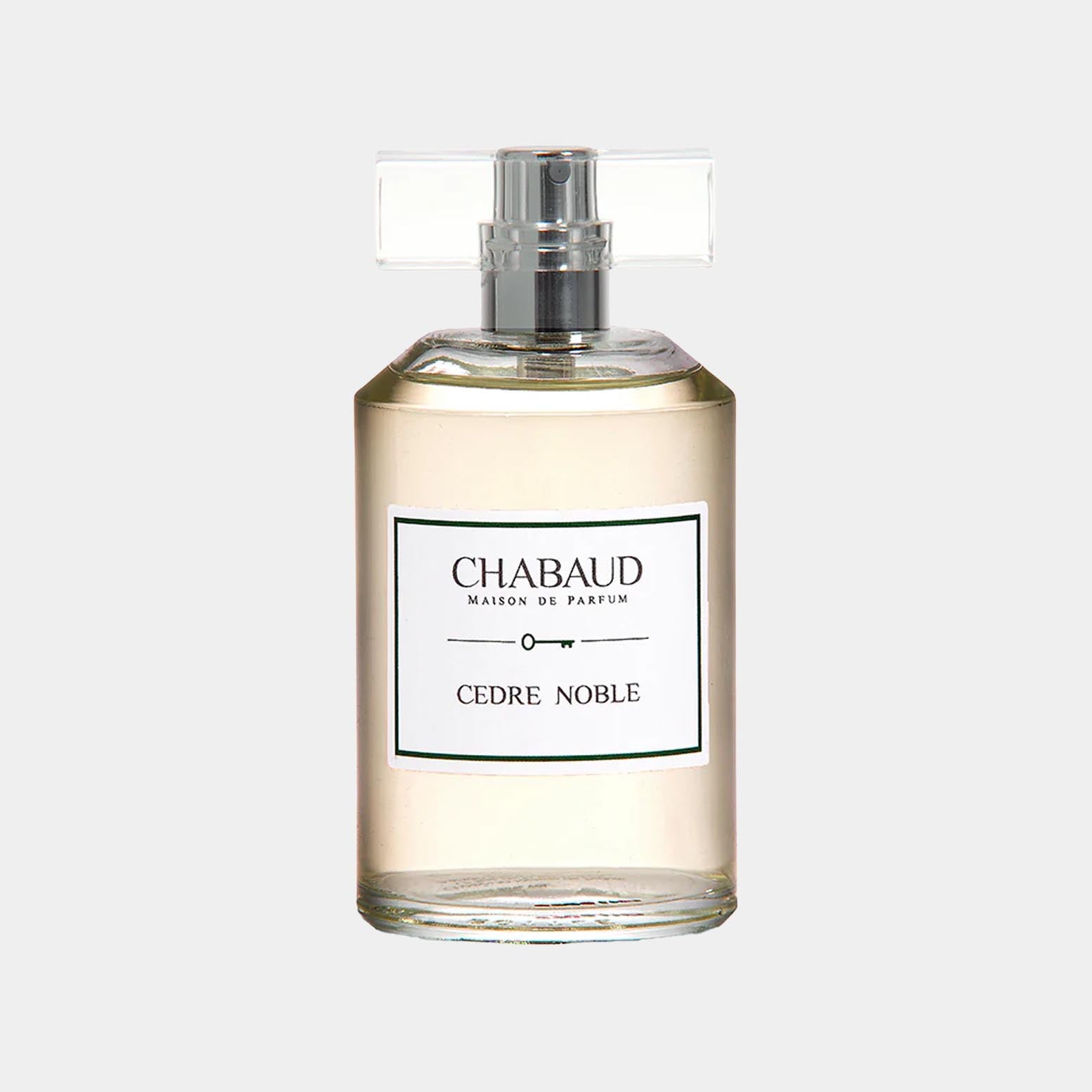 Chabaud Maison de Parfum Cedre Noble sample, een elegant parfum in een transparante fles met een klassieke vormgeving en een verfijnde geur.