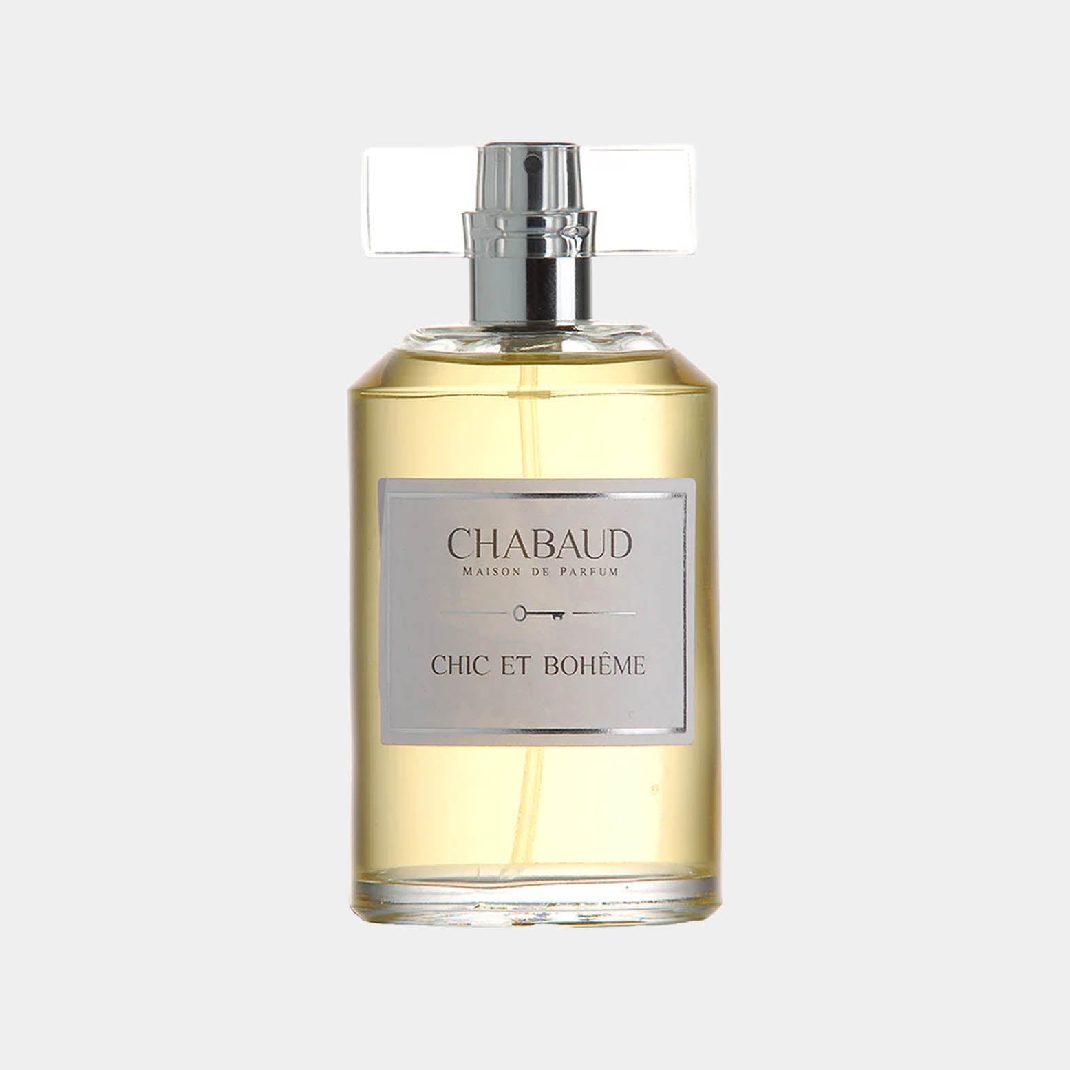 Chabaud Maison de Parfum Chic et Bohème sample in a stylish glass bottle with a sleek design and light yellow fragrance.